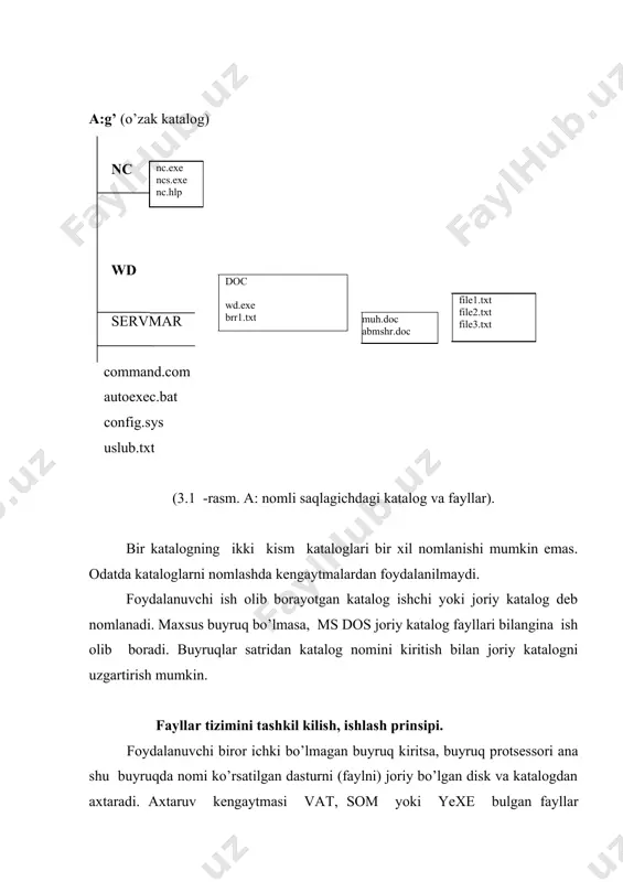 olindi) type buyrug’i matn faylini monitor ekranida ko’rib chikish mumkin. buning uchun type buyrug’idan foydalaniladi: type a:brr1.txt ko’pincha matn fayli o’lchami katta bo’lgani uchun ekranga sig’maydi. bu holda more buyrug’i yordamga o’tadi, yani: type a:brr1.txt | more cahifama-sahifa matnni ko’rishlik more buyrug’i yordamida amalga oshiriladi. ixtiyoriy qatorda uni to’xtatishlik ctrlqs yoki pause tugmachalari orqali amalga oshiriladi. ren buyrug’i fayl nomlarigina o’zgartirish rename buyrug’i orkali amalga oshiriladi. ren a:brr1.txt alm.txt niqob belgisi yordamida fayl nomlarida o’zgarish hosil qilish quyidagicha amalga oshiriladi: ren *.txt *.bak fayllarni bosmaga chiqarish fayllarni bosmaga chiqarish print buyrug’i yerdamida amalga oshiriladi: print a:brr.txt agarda bir necha fayllar ketma-ket bosmaga chiqarish talab etilsa, u xolda: print a:brr1.txt brr2.txt brr3.txt tarzida buyruq beriladi. fayllarni o’chirish тasodifan o’chirilgan fayllarni o’sha zamon undelete buyrug’i bilan tiklash mumkin, biroq o’chirish amalidan keyin boshqa amallarni bajarilishi tiklashga imkon bermaydi. bu holda mirror buyrug’i yordamga o’tadi. mirror g’ta g’tb, yani, g’t kalitidan foydalanilgan holda …