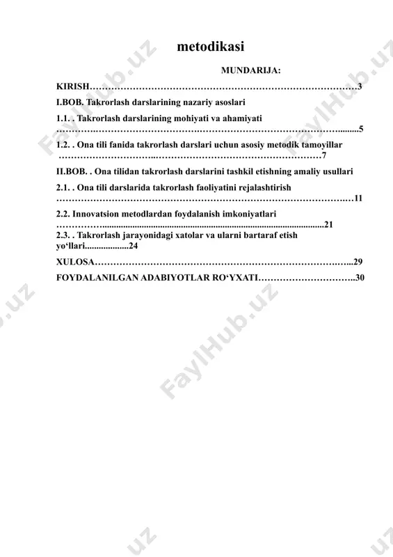 arslarini o‘tkazish bo‘yicha amaliy tavsiyalar ishlab chiqish. kurs ishining vazifalari:- takrorlash darslarining ilmiy-nazariy asoslarini o‘rganish. - ona tili fanida takrorlash darslarini samarali tashkil etish usullarini tahlil qilish. - takrorlash darslari jarayonida yuzaga keladigan xatolarni aniqlash va bartaraf etish yo‘llarini ishlab chiqish. tadqiqotning ilmiy ahamiyati: ushbu ish o‘quv jarayonida takrorlash darslarining ta’sirchanligini oshirish uchun metodik yondashuvlarni takomillashtirishga yordam beradi. bu o‘z navbatida o‘quvchilarni ona tili bo‘yicha mustahkam bilim va ko‘nikmalarga ega bo‘lishiga xizmat qiladi kurs ishining obyekti:ona tilini o‘rganish jarayonida takrorlash darslarini tashkil etish va o‘tkazish jarayoni. kurs ishining predmeti:ona tilidan takrorlash darslarini tashkil etishda qo‘llaniladigan metodlar, usullar, vositalar va pedagogik texnologiyalar. ushbu kurs ishida ona tilini o‘qitish jarayonining muhim qismi bo‘lgan takrorlash darslari mazmuni, ularni samarali tashkil etishning metodik jihatlari va o‘quvchilarning bilim va ko‘nikmalarini mustahkamlashda tutgan o‘rni tahlil qilinadi. kurs ishining tuzilishi:ishning hajmi va tuzilishi uning maqsadi va vazifalari bilan belgilanadi va kirish, ikki bob, xulosa, foydalanilgan adabiyotlardan iborat. …