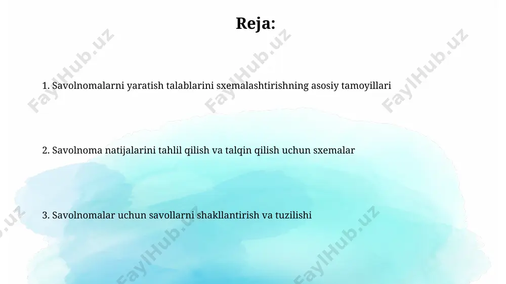 ilash va takomillashtirish samarqanddagi 500 ta respondentdan olingan ma'lumotlarga asoslanib, so'rovnomalarni yaxshilash va takomillashtirish bo'yicha 3 ta muhim yo'nalish aniqlandi: savol formulalarini soddalashtirish, javob variantlarini aniqlashtirish va 10 ballli shkala o'rniga 5 ballli shkalani qo'llash. toshkent shahridagi 200 ta talaba orasida o'tkazilgan sinovdan so'ng, so'rovnoma savollari sonini 15 tadan 10 tagacha qisqartirish va javob berish vaqtini o'rtacha 12 daqiqadan 7 daqiqagacha kamaytirish orqali yaxshilanishlar amalga oshirildi. savolnoma tuzilmasini loyihalash respondentlarning javob berish vaqti 15 daqiqadan oshmasligi kerak, shuning uchun 20 tadan ortiq savol bo'lgan so'rovnomalar toshkentda samarali bo'lmasligi mumkin. savolnoma tuzilmasini loyihalashda 5 dan ortiq ochiq turdagi savollar 100 ta respondent uchun yetarli emas, shuning uchun yopiq savollar sonini ko'paytirish samarqanddagi tadqiqot uchun tavsiya etiladi. javob variantlarini shakllantirish javob variantlarini tuzishda, ikki xil javob variantini taklif qilish (masalan, "ha/yo'q" yoki "rozi/rozi emasman"), faqatgina ikkilik javoblarni talab qiluvchi savollar uchun mos keladi va natijalarni tahlilini soddalashtiradi. javob variantlarini sonini 4 dan …