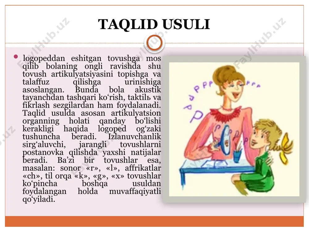 ferensiatsiya qilish paronim so’zlar, maqol, tez aytish, jumla, she’r, matnlar orqali sigmatizmni bartaraf etish tish aro sigmatizmini bartaraf etishda logoped bolaga yuqori va pastki tishlarni bir-biriga yaqinlashtirib, tilning uchini pastki tishlar orqasiga qo‘yib s tovushini talaffuz etishni buyuradi va s tovushi aniq eshitilmasa unga yordam beradi. bunda logoped zond yoki gugurt cho‘pi bilan tilning uchini pastki tishlar orqasiga bosib turib, s tovushini ayttirib ko‘radi. shunda s tovushi aniq hosil bo‘ladi. keyinchalik s tovushi unli tovushlarga qo‘shib talaffuz etiladi. s tovushi aniq, to‘g‘ri hosil bo‘lgandan so‘ng z tovushini talaffuz etishga o‘tiladi. bunda s tovushiga ovoz qo‘shib talaffuz etilsa, z tovushi hosil bo‘ladi. lab va tish sigmatizmini bartaraf etishda logoped bolaga (s tovushining talaffuzida) lablarni yuqori va pastki tomonga (bunda milklar ko‘rinishi kerak) yo‘naltirishni taklif etadi. agar bola bu vazifani bajara olmasa, logoped yordam beradi. buning uchun u bolaning pastki labini barmog‘i bilan pastga tortadi va iljayishni buyurib turib, s tovushini talaffuz …
