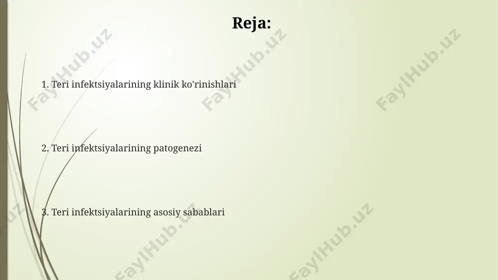 ash, 5 ta asosiy bakteriya turini aniqlash va madaniy ekish usullari teri infektsiyasining patogenini aniqlashda yordam beradi. teri biopsiyasi, to'qimalarning gistopatologik tahlili 20% holatlarda aniq tashxis qo'yish imkonini beradi va davolash strategiyasini tanlashga yordam beradi. teri infektsiyalarini tashxislashda klinik ko'rinish, ya'ni yallig'lanishning 3 bosqichi (qizarish, shishish, og'riq) va bemorning shikoyatlari muhim ahamiyatga ega. terining infektsiyasi patogenezi teri infektsiyasining og'irligi, patogenning virulentligi, bemorning immunitet holati va infektsiya joylashgan teri hududining xususiyatlari kabi omillarga bog'liq bo'lib, 5 ta asosiy bosqichdan o'tadi. terining infektsiyasi patogenezi, bakteriyalar, viruslar yoki zamburug'lar kabi turli patogenlarning 100 dan ortiq turlari orqali yuzaga kelishi mumkin, ularning har biri o'ziga xos patogenlik mexanizmlariga ega. staphylococcus aureus kabi bakteriyalar terining himoya qatlamini buzib, to'qimalarga kirib, yallig'lanish jarayonini qo'zg'atadi, bu esa 24-72 soat ichida klinik belgilarning namoyon bo'lishiga olib keladi. terining himoya mexanizmlari teri yallig'lanish jarayonlariga qarshi 70% dan ortiq himoya ta'minlaydigan, epidermisning fizikaviy to'siq funksiyasi, terining namligini saqlash orqali infektsiyalarning …