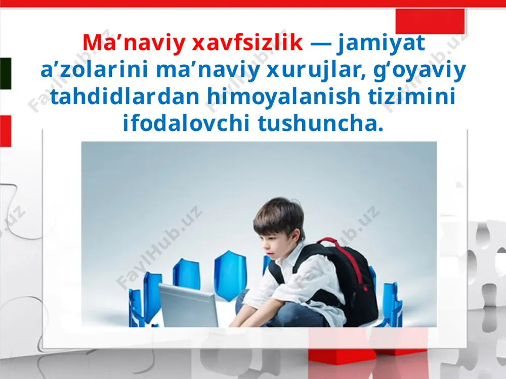 huv jarayoni bevosita axborot bilan bog‘liq. shu nuqtai nazardan qaraganda, bugungi kunda axborot omili ham siyosiy, ham iqtisodiy jihatdan ayrim kuchlar manfaatiga aylanib bormoqda. mafkuraviy tahdidlar oxir-oqibat, mamlakat xavfsizligi va milliy manfaatlariga tahdid solib, jamiyatning ma’naviy tanazzulga uchrashini muqarrar qilib qo‘yadi. * turli millatlarning hayotiga «ommaviy madaniyat» niqobi ostida kirib kelayotgan tahdidlarning asosiy maqsadi quyidagilarga qaratilgan: 3) ularni qo‘porishga qaratilgan xatarli tahdidlar. 1) axloqiy buzuqlik va zo‘ravonlik, individualizm va egotsentrizm g‘oyalarini tarqatish va shuning hisobidan boylik orttirish; 2) boshqa xalqlarning necha mingyillik an’ana va qadriyatlari, turmush tarzining ma’naviy negizlariga bepisandlik; savol va topshiriqlar: 1. bugungi kunda ma’naviy xavfsizlikni ta’minlash borasida yurtimizda qanday islohotlar amalga oshirilmoqda? 2. siz o‘zingizni ma’naviy xavf-xatardan xoli inson deb baholaysizmi? fikringizni asoslang.