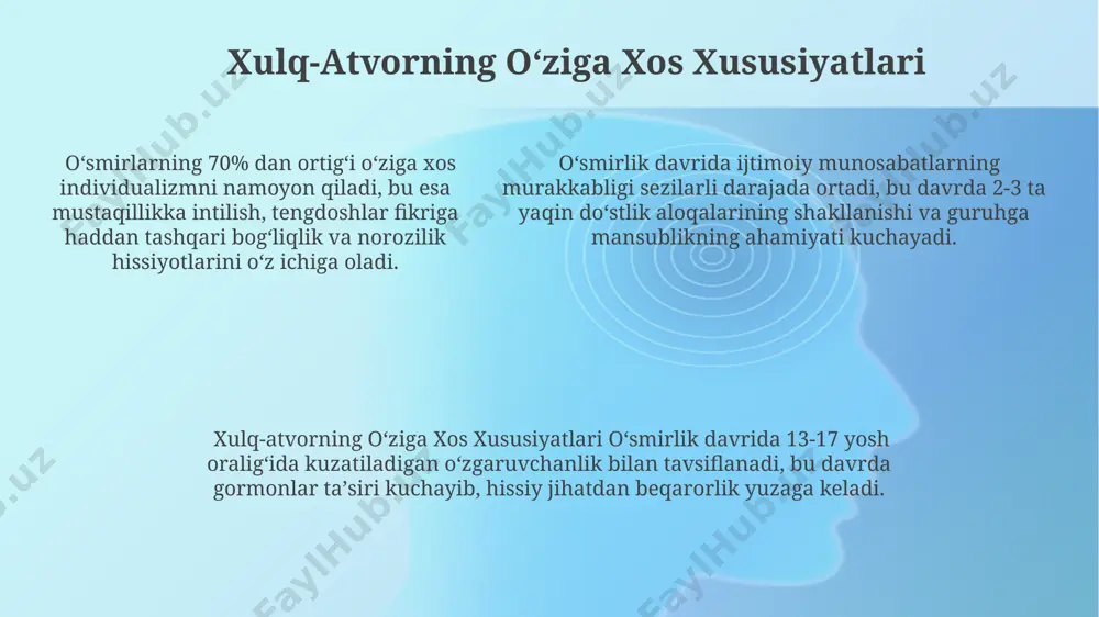 pressiya, xavotir kabi ruhiy kasalliklar xavfini kamaytirishga yordam beradi. psixologik yordamning turli usullari, masalan, kognitiv-xulq terapiyasi yoki individual terapiya, o’smirlarning o’ziga ishonchini 25% ga oshirishi va hayotiy muammolarni hal qilish qobiliyatini rivojlantirishi mumkin. psixologik yordam o’smirlik davrida 15-20% o’smirlarni ruhiy salomatlik muammolari bilan kurashishda qo’llab-quvvatlaydi, ularga moslashishga va o’z-o’zini anglashga yordam beradi. hissiy-tuygʻu oʻzgarishlari oʻsmirlik davrida hissiy-tuygʻularning 70% gacha oʻzgarishi kuzatiladi, bu esa kayfiyatning tez-tez oʻzgarishi va intensiv his-tuygʻularning namoyon boʻlishi bilan ifodalanadi. oʻsmirlar empatiya qobiliyatlarining rivojlanishi bilan birga, ijtimoiy taqqoslash va oʻz-oʻzini baholashga boʻlgan ehtiyoj kuchayadi, bu esa 12-18 yosh oraligʻida oʻziga xos hissiy beqarorlikni keltirib chiqaradi. oʻsmirlar empatiya qobiliyatlarining rivojlanishi bilan birga, ijtimoiy taqqoslash va oʻz-oʻzini baholashga boʻlgan ehtiyoj kuchayadi, bu esa 12-18 yosh oraligʻida oʻziga xos hissiy beqarorlikni keltirib chiqaradi. sogʻlom turmush tarzi sogʻlom ovqatlanish, jismoniy faollik va stressni boshqarish kabi 3 asosiy omil sogʻlom turmush tarzining muhim tarkibiy qismlarini tashkil etadi. sogʻlom turmush tarzi dasturlari, qariyb …