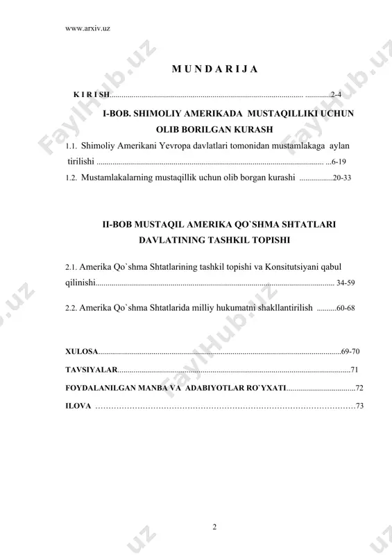 i bo`ldi. iii asrdan ortiq muddatni o`z ichiga qamrab olgan mazkur harakat atiga bir necha yuz amerikalik kolonistlarning ko`z ilg`amas irmoqchasidan million-millionlab yangi keluvchilarning toshqiniga ko`tarilib ketdi. qudratli va turli-tuman sabablardan harakatga keltirgan bu oqim qit`aning shimoliy qismida yangi svilizatsiyani bunyod etdi. mavzuni dolzarbligi sifatida, bu inqilob tufayli yangi mustaqil davlat -amerika qo`shma shtatlarini tashkil topishi, mamlakatda erkin raqobatga, iqtisodiy hayotda tashabbusga faollik va ishbilarmonlikka keng yo`l ochib berilishi, inson baxt-saodatining asoslaridan biri o`z mulkidan erkin foydalanish huquqiga ega bo`lish, mustaqillik dekloratsiyasi va aqsh konsitutsiyasi yevropaning ilg`or tafakkuriga katta ta`sir ko`rsatishini o`rganish, ularning yangi adabiyotlardan talqinini tizimlashtirish va tahlil qilish asos qilib olindi. shu o`rinda prezidentimiz islom karimov ta`kidlaganidek “xalqlarning ozodlik, mustaqillik, baxt-saodatga azaliy intilishi, o`z taqdirini o`zi belgilashga azmu qarori hayotdagi chuqur o`zgarishlarni harakatga keltiruvchi kuchdir”. biz shimoliy amerikada mustaqillik uchun kurash va aqshning tashkil topishi mavzusini yoritishda turli davrdagi manba va adabiyotlarni o`rganib quyidagi fikrga keldik. shu asnoda …