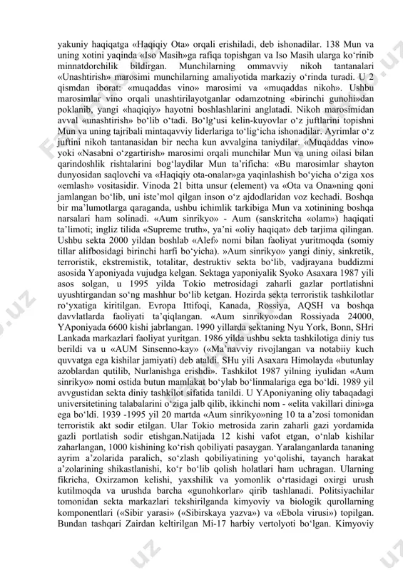 iy aqidalarga zid ravvishda ajralib chiqqan yoki mavvjud dinlar va konfessiyalarga umuman aloqasi bo‘lmagan holda din bayrog‘i ostida faoliyat ko‘rsatadigan guruhlar tushuniladi. bugungi kunda har ikkala yo‘nalishga mansub bo‘lgan ko‘plab sektalar faoliyat ko‘rsatmoqda. mutaxassislar ularning sonini taxminan 5000 atrofida, deb ko‘rsatadilar. 2. soxta xristianlik harakatlari. zamonavviy voqelik diniy-ekstremistik xarakterdagi sektalarning inson ongi va qalbi uchun kurash yo‘lidagi faoliyatining jonlanishi kuzatilayotganini ko‘rsatmoqda. xususan, ma’lumotlarga ko‘ra, qo‘shni davvlatlarda «bogorodichiy sentr», «serkov ob’edineniya», «serkov isusa», «serkov novogo zavveta», «beloe bratstvo», «bojestvennыy orden pervogo angela» kabi o‘nlab diniy sektalar noqonuniy ravvishda faoliyat olib bormoqda. «satanizm» deb ataladigan sekta ham keng tarqalgan. ayrim ma’lumotlarga ko‘ra, o‘ta xavvfli bo‘lgan bu sektaning rossiyada 100 ming, er yuzida 5 milliondan ortiq tarafdorlari bor. ular aholining diniy bilimlari pastligidan foydalanib, oxiratning yaqinligi bilan qo‘rqitish hamda asosan yoshlar va moddiy ahvoli nochor bo‘lganlar ichida ish olib borish yo‘li bilan o‘z tarafdorlarini ko‘paytirishga harakat qilmoqdalar. 137 bunday sektalarga asos solgan «avvliyo»lar …