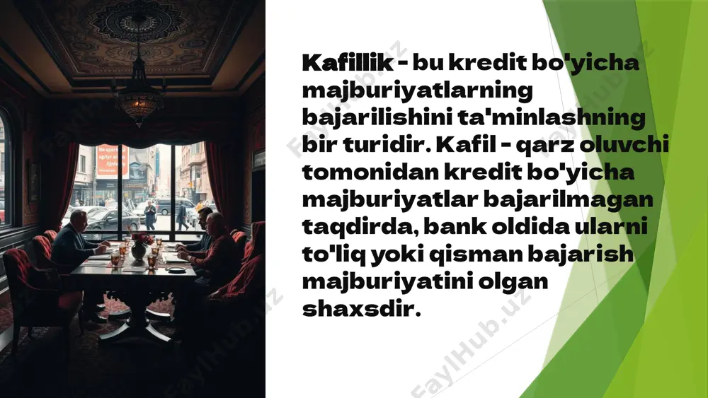 undirib olish bo‘yicha sud chiqimlarini va qarzdor majburiyatini bajarmaganligi yoki lozim darajada bajarmaganligi tufayli kreditor ko‘rgan boshqa zararlarni to‘laydi. agar kafillik shartnomasida boshqacha tartib nazarda tutilgan bo‘lmasa, birgalashib kafil bo‘lgan shaxslar kreditor oldida solidar javob beradilar. 294-modda. kafilga nisbatan da’vo qo‘zg‘atilgan taqdirda uning huquq va burchlari kafil kreditorning talabiga qarshi qarzdor bildirishi mumkin bo‘lgan hamma e’tirozlarni qo‘yishga haqli. hatto qarzdor o‘z e’tirozlaridan voz kechgan yoki o‘z majburiyatini tan olgan taqdirda ham kafil ushbu e’tirozlarga bo‘lgan huquqini yo‘qotmaydi. agar kafilga nisbatan da’vo qo‘zg‘atilgan bo‘lsa, u qarzdorni ishda ishtirok etish uchun jalb qilishi shart. aks holda qarzdor kreditorga qarshi o‘zining barcha e’tirozlarini kafilning qarshi talabiga qarama-qarshi qo‘yish huquqiga ega. 295-modda. majburiyatni bajargan kafilning huquqlari majburiyatni bajargan kafilga kreditorning ushbu majburiyat bo‘yicha huquqlari hamda garovga oluvchi sifatida kreditorga tegishli bo‘lgan huquqlar kafil kreditorning talabini qancha hajmda qanoatlantirgan bo‘lsa, shuncha hajmda o‘tadi. kafil kreditorga to‘langan summaga foizlar to‘lashni va qarzdor uchun javobgarlik munosabati bilan …