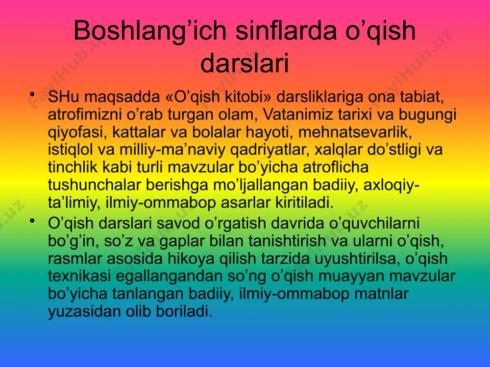 n. masalan, 1-sinfda o’rgatiladigan «ajdodlarimiz-faxrimiz», «ilm-aql chirog’i», «zumrad bahor», «kumush qish» kabi mavzular 2-4-sinflarda ham davom ettirilgan. bu esa o’quvchilarning oldingi bilimlari to’ldiradi va boyitadi. «kadrlar tayyorlash milliy dasturi»da ta’lim berishning ilg’or pedagogik texnologiyalarini, zamonaviy o’quv-uslubiy majmualarini yaratish kabilar umumiy o’rta ta’limning asosiy vazifalaridan biri sifatida ta’kidlangan. ilg’or pedagogik texnologiya usullaridan foydalanish o’qituvchi va o’quvchi faoliyati doirasini aniq belgilab beradi. o’qish darslarida qo’llaniladigan metod va usullar inson hayotida muhim ahamiyatga ega bo’lgan o’qish faoliyati barcha predmet darslarida amalga oshiriladi. lekin o’qishga o’rgatish yo’l-yo’riqlarini o’qish metodikasi ishlab chiqadi. o’qish metodikasi kichik yoshdagi o’quvchilarning umumiy rivojlanishi, psixologiya, xususiy metodika sohasidagi yutuqlar asosida takomillashtirilib boriladi. o’qish darslarining samaradorligi ko’p jihatdan ta’lim metodlarining to’g’ri tanlanishiga bog’liq. «metod» atamasi yunon tilidan olingan bo’lib, muayyan maqsadga erishish, borliqni amaliy va nazariy o’zlashtirish usullari majmuidir. binobarin, fanning o’zi kabi o’qitish metodlari ham doimiy rivojlanishda bo’ladi. masalan, eski maktablarda o’qish quruq yod olish metodi asosida o’rgatilgan bo’lsa, hozir …