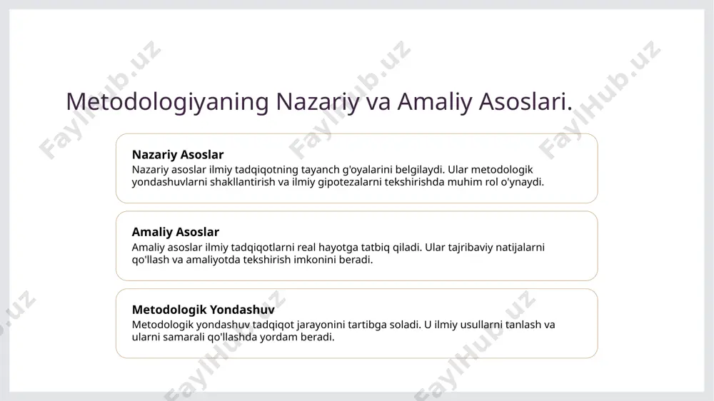 homlanib, noyob texnologik yechimlar yaratadi. bu usul, innovatsiyalarni milliy qadriyatlar bilan uyg'unlashtiradi. 2 hunarmandlik ta'siri mahalliy hunarmandchilik texnikalari zamonaviy texnologiyada qo'llanilib, mahsulotlarning o'ziga xosligini oshiradi. bu, milliy merosni texnologiyaga olib keladi. 3 an'ana va texnologiya an'anaviy o'zbek arxitekturasi zamonaviy inshootlarda aks etib, texnologik rivojlanish jarayonida madaniy elementlarni saqlashga xizmat qiladi. xulosa 1 ilmiy metodologiya muhimligi ilmiy tadqiqotlarda aniqlik va aniqlik talab qilinadi. metodologiyaning to'g'ri qo'llanilishi tadqiqot natijalarining ishonchliligini oshiradi, o'rganish samaradorligini ta'minlaydi. 2 innovatsiya va texnologiya innovatsiyalar yangi texnologiyalarning rivojlanishiga turtki beradi. o'zbekistonda muhandislik sohasidagi innovatsiyalar iqtisodiy o'sishga va jamiyat taraqqiyotiga hissa qo'shmoqda. 3 madaniy va texnik aloqalar mahalliy madaniyat va texnologiya o'zaro ta'sir qiladi. o'zbekistonning an'anaviy hunarmandchiligi zamonaviy texnologiyalar bilan uyg'unlashib, yangi imkoniyatlarni yaratmoqda. e'tiboringiz uchun rahmat! image1.jpg image2.jpg image3.jpg image4.jpg image5.jpg /docprops/thumbnail.jpeg