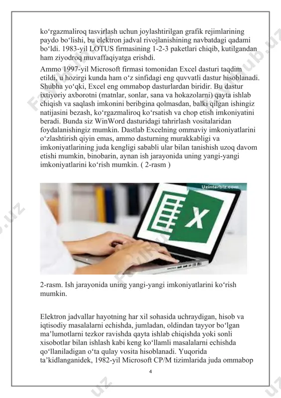 dan soʻng microsoft ularni yoʻq qilish chora-tadbirlarini qoʻllay boshladi . 1.2 versiyalari. windows uchun versiyalar · 1988-yil — excel 2.0 · 1990-yil — excel 3.0 · 1992-yil — excel 4.0 · 1993-yil — excel 5.0 (office 4.2 va 4.3, faqat windows nt uchun 32 bitli versiyasi ham bor) · 1995-yil — excel 7 windows 95 uchun (microsoft office 95 paketiga qoʻshilgan) · 1997-yil — excel 97 (microsoft office 97 paketiga qoʻshilgan) · 1999-yil — excel 2000 (9) — microsoft office 2000 · 2001-yil — excel 2002 (10) — microsoft office xp · 2003-yil — excel 2003 (11) — microsoft office 2003 · 2007-yil — excel 2007 (12) — microsoft office 2007 · 2010-yil — excel 2010 (14) — microsoft office 2010 · 2013-yil — excel 2013 (15) — microsoft office 2013 · 2015-yil — excel 2016 (16) — microsoft office 2016 · izoh: 1.0 versiyasi apple mahsulotlari bilan chalkashlikdan yiroqda …
