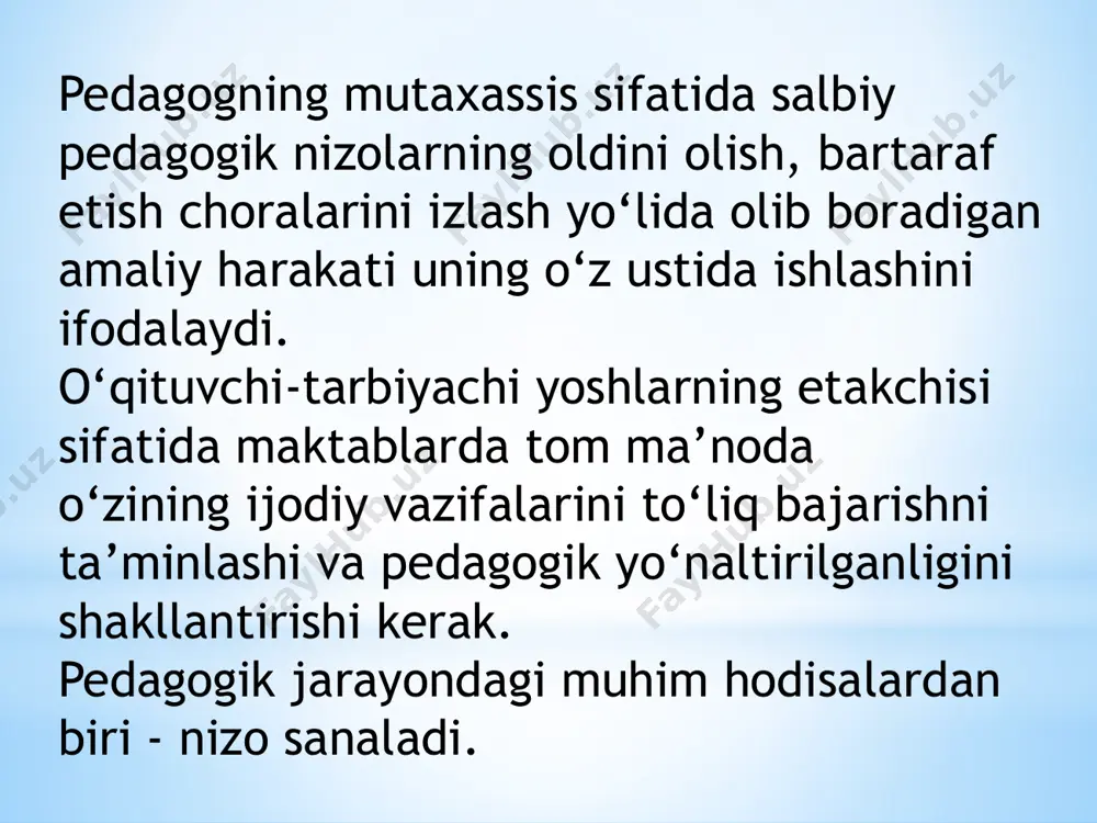 a shu yuqoridagilarga rioya qilib ish olib borgandagina o‘qituvchi bilan o‘quvchilar orasida nizo paydo bo‘lmaydi. pedagogik nizo bu o‘qituvchi bilan o‘quvchi o‘rtasida muammolar tortishuvlar, kelishmovchiliklar bo‘lib o‘qituvchi shu muammolarni oldini olishi, unga yo‘l qo‘ymasligi, va shu muammolarni echimini topishi kerak. pedagogik nizo bir qator belgilarga ega. unga xos bo‘lgan asosiy belgilar quyidagilardir: 1.inqiroz; 2.anglashilmovchilik; 3.kutilmagan hodisa; 4.zo‘riqish; 5.noqulaylik; 6.ichki yoki tashqi xavotir; 7.bartaraf etish qiyin bo‘lgan qo‘rquv. pedagogik nizolarni keltirib chiqaruvchi omillar quyidagilar: 1.axborot omili; 2.munosabat omili; 3.xulq omili. chex pedagogi yan amos komenskiy o‘qituvchilik kasbini er yuzidagi har qanday kasbdan ko‘ra yuqoriroq darajada turadigan faxrli kasb hisoblaydi. a.navoiyning fikricha gohida bir kishi bitta bolaga tarbiya berishga ojizlik qiladi. muallim esa, bir guruh bolalarga ilmu - adab o‘rgatadi. bu jarayonda muallim ko‘p aziyat chekadi,mashaqqatlarni o‘z boshidan kechiradi. shu bois shogirdlar ustoz olidda umurbod qarzdor ekanliklarini his etishlari darkor. shogird podsholik martabasiga erishsa ham,muallimga qulluq qilsa arziydi deydi. hazrat a. navoiy …