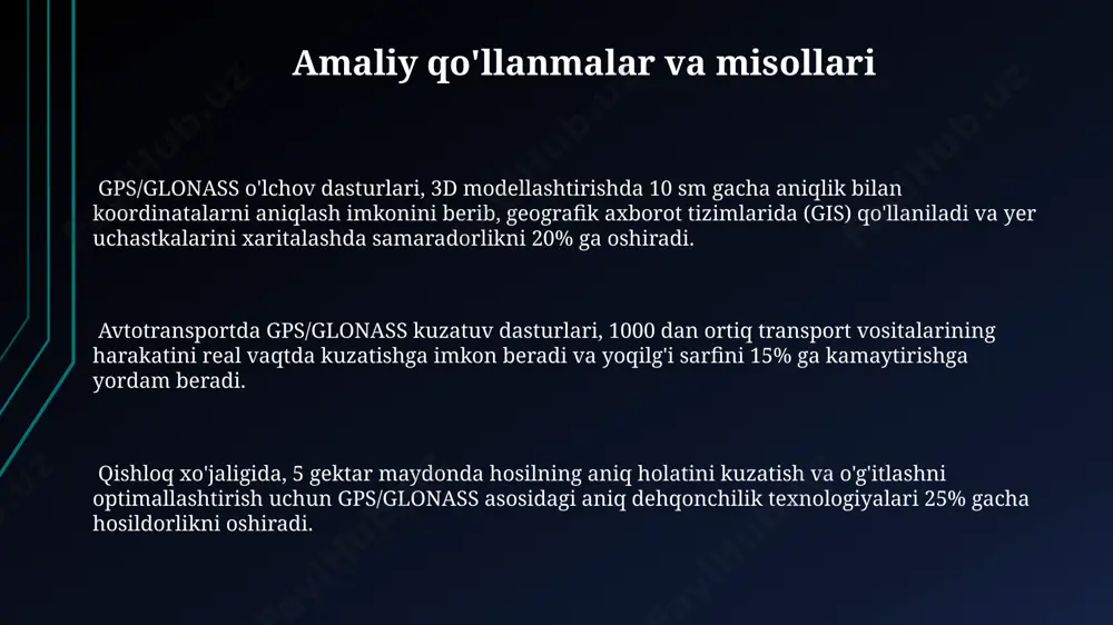 'lib, har bir yo'ldoshning signali taxminan 50 vt quvvatga ega va keng geografik hududni qamrab oladi. ma'lumotlarni vizualizatsiya qilish rangli kodlash yordamida signal kuchini, 10 hz gacha chastota bilan qabul qilingan ma'lumotlar sonini va gps/glonass signalining sifatini vizual ravishda namoyish etadi. ma'lumotlarni grafikalar, jadvallar va xaritalar orqali taqdim etish, 500 dan ortiq parametrlarni o'z ichiga oladi va statistik tahlilni osonlashtiradi. gnss ma'lumotlarini 3d formatda, real vaqt rejimida xaritalash, harakat traektoriyasi va tezlikni 1 sm gacha aniqlikda ko'rsatadi. qabul qilgich tizimlari va ularning tarkibiy qismlari ba'zi qabul qilgich tizimlari 20 dan ortiq sun'iy yo'ldosh signalini bir vaqtning o'zida qayta ishlashga qodir bo'lib, pozitsiyani aniqlashning aniqligi va ishonchliligini oshiradi. qabul qilgich tizimlari odatda 1 dan 4 tagacha antennadan, signalni kuchaytirish uchun past shovqinli kuchaytirgichlardan (lna) va analog-raqamli konvertorlardan (adc) iborat bo'lib, yuqori aniqlikdagi gps/glonass ma'lumotlarini olishni ta'minlaydi. gps/glonass qabul qilgichlari tarkibiga, ma'lumotlarni qayta ishlash va koordinatalarni hisoblash uchun murakkab algoritmlarni amalga oshiruvchi, …