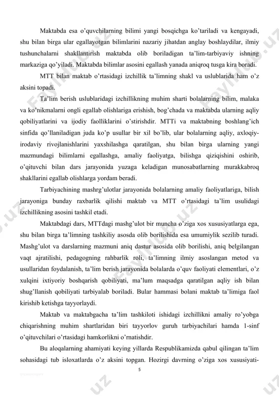 mning tashkiliy asosda olib borilishida esa umumiylik sezilib turadi. mashg’ulot va darslarning mazmuni aniq dastur asosida olib borilishi, aniq belgilangan vaqt ajratilishi, pedagogning rahbarlik roli, ta’limning ilmiy asoslangan metod va usullaridan foydalanish, ta’lim berish jarayonida bola​larda o’quv faoliyati elementlari, o’z xulqini ixtiyoriy boshqarish qobiliyati, ma’lum maqsadga qaratilgan aqliy ish bilan shug’llanish qobiliyati tarbiyalab boriladi. bular hammasi bolani maktab ta’limiga faol kirishib ketishga tayyorlaydi. maktab va maktabgacha ta’lim tashkiloti ishidagi izchillikni amaliy ro’yobga chiqarishning muhim shartlaridan biri tayyorlov guruh tarbiyachilari hamda 1-sinf o’qituvchilari o’rtasidagi hamkorlikni o’rnatishdir. bu aloqalarning ahamiyati keying yillarda respublikamizda qabul qilingan ta’lim sohasidagi tub isloxatlarda o’z aksini topgan. hozirgi davrning o’ziga xos xususiyati- maktabgacha ta’lim muassasi va maktab bilan ommaviy yaqinlashuvi, pedagoglar jamoasining samarali hamkorliklari hisoblanadi. hamkorlikning asosiy vazifasi bolalarni maktab ta’limiga tayorlashda yakdillikka erishish, bolani maktab ta’limiga tayorlashning yuqori darajasini taminlash bo’lib, bu keyinchalik maktabda muoffaqiyatli o’qishga olib keladi. hamkorlinning mazmuni hamda shakillari shu vazifalardan kelib chiqib …