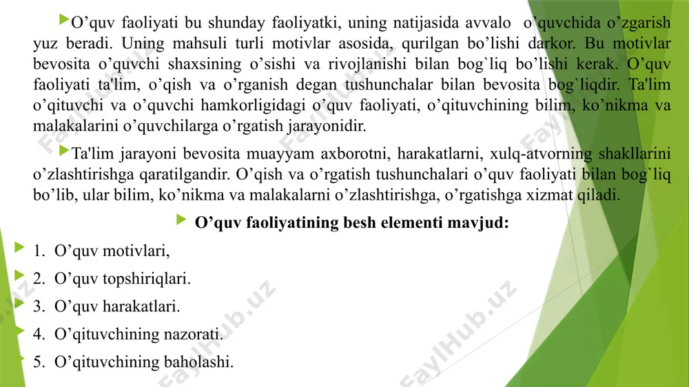 land ovozda hatti-harakatlar va vazifalarni bajarish. 5. bajariladigan hatti-harakatlarnya ichki rejada ovoz chiqarmay bajarish. 6. faoliyatni fikran bajarish qiradi ushbu nazariyada ta'lim uchta asosiy turlarga ajratiladi: - birinchi turda - hatti-harakatlarni o’zlashtirish xatolar bilan kechadi, berilayotgan material etarli darajada anglanilmaydi, ta'lim oluvchi ta'limning asl mohiyatini tushunib etmaydi; - ikkinchi turda materialni nisbatan dadil va to`la tushunilishi va material bilan bog`liq tushunchalarni ajratilishi bilan harakterlanadi; - uchinchi tur - tez, samarador va bexato hatti-harakatlarni o’zlashtirilishini ta'minlab beradi. v.v.davidov nazariyasi. ushbu nazariya kichik maktab yoshidagi uquvchilarni ilmiy tushunchalarni o’zlashtirilishini targ`ib qiladi. bunda uquvchilar tomonidan ta'lim jarayonida nazariy tushunchalar tizimini o’zlashtirilishi lozim bo’lib, bu o’z o’rnida xususiydan umumiy bilimlarga utilishni ta'minlaydi. qator nazariyalar muammoli ta'lim bilan bog`liq bo’lib, l.v.zankov va a.m.matyushkin tomonidan olib borilgan tadqiqotlar talimda muammoli darslarni tashkil etishga qaratilgandir. ta'limning psixolik asoslari muammosi ko’pgina masalalarni qamrab oladi. ta'limning muvaffaqiyati bir qator psixologik omillarga bog`liq bo’ladi. avvalo o’quvchining o’qishga bo’lgan munosabatiga to’xtaylik. …