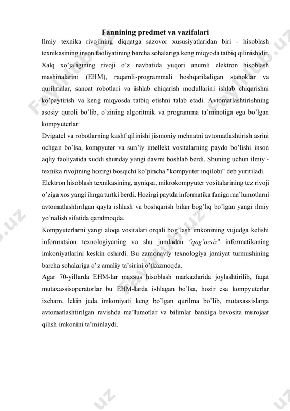 sessorlar turli xildagi ma’lumotlardan qulay holda foydalanish, foydalanuvchi va kompyuter orasida samarali dialog rejimini ta’minlash bilan birga katta hajmli ma’lumotlar bazasi bilan ham ishlash imkonini beradi. hisoblash texnikasidan hisob-kitob, ma’lumotlarni qayta ishlash va boshqarish ishlarini bajarishda foydalanish, bu ishlarni yuqori saviyada bajarishdan tashqari boshqaruv apparatidagi xizmatchilar sonini kamaytirish, to’liq va aniq ma’lumotlarni istalgan vaqt oralig’i uchun olish imkonini beradi. hozirgi zamon aloqa sistemalari kompyuterlarni istalgan uzoqlikdagi elektron ma’lumot manbalariga ulash imkonini beradi. bunga misol bo’lib, sun’iy yo’ldoshlar orqali bog’langan kosmik aloqa sistemasi hamda dunyoning 30 dan ortiq mamlakatidagi 1500 dan ortiq ilmiy markazlarni bog’lovchi xalqaro kompyuter tarmog’i xizmat qilishi mumkin. 1976 yilda frantsiyada videotex deb nomlangan milliy tarmoq yaratishga kirishildi. bu tarmoqdan foydalanish uchun har bir telefon apparati bor bo’lgan xonadan o’z xonadoniga terminalni o’rnatishi mumkin. bu terminal yordamida telefon tarmog’i orqali kerakli tashkilot nomerini terib, u yerdagi kompyuterdan foydalanib turli xil xizmatlarni, shu jumladan bank xizmatlarini ham olish mumkin. …