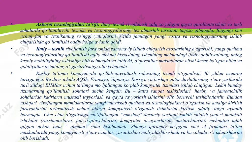 haviy dasturlarni o‘kitishga moslashtirish bo‘yicha ishlar olib borilgan ko‘plab dasturlar ichidan hamda didaktik va texnik umumlashtirish urinishlarining tizimliligi bilan ajralib turadi. 80-yillar boshidan boshlab ta’limni kompyuterlashtirishning yangi yo‘nalishi – sun’iy intelekt soxasida ishlashga asoslangan intelektual o‘rgatuvchi tizimlar (io‘t) tez rivojlana boshladi. boshqariluvli o‘qish jarayoni modeli io‘t larning muhim qismi hisoblanadi, ular asosida har bir o‘quvchi uchun maxsus o‘qitish strategiyasi ishlab chiqilishi mumkin. io‘t lardagi ma’lumotlar bazalari formallashtirilgan bilimlardan tashqari o‘rganilayotgan soha uchun ekspert bilimlariga ega bo‘lishi mumkin. io‘t ni yaratish yo‘nalishidagi ishlarning kelajagi porloq ko‘ringani bilan, bugunda ular labaratoriyadagi izlanishlar darajasida qolishmoqda, bir nechta omadli misollar bo‘lgani bilan ularni ishlab chiqarish xali ommaviy tus olgani yo‘q. 90-yillardagi "shaxsiy revolyutsiya" ta’lim sohasiga nafaqat texnik, balki didaktik imkoniyatlarni ham – shehm lar ishlatish imkoniyatlari, dialogik muloqotni tashkillashtirish qulayligi va albatta tasvir bilan ishlash. ta’lim kompyuter tizimlarida tasviriy taqdimotlarning ishlatilishi nafaqat o‘quvchiga ma’lumot uzatish tezligini oshiradi va tushunish darajasini oshiradi, balki o‘quvchida har …