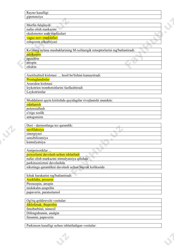 atin insulin adrenalin neyroleptiklarni tayinlash bo'yicha ko'rsatmalar ... o'tkir psixoz epilepsiya parkinsonizm uyqusizligi narkotik bo'lmagan analgetiklarning yallig'lanishga qarshi ta'sirining asosiy mexanizmlaridan birini ko'rsating: siklooksigenazani bloklash k-atp- membranalarini buzish mao ni falajlash xolinesterazni bog'laydi m-blokerlarga qanday ta'sir xos emas? nerv-mushak uzatilishining kuchayishi me'da shirasi sekretsiyasining pasayishi markaziy asab tizimining qo'zg'alishi qorachiqning kengayishi quvuq atoniyasi uchun...qo’llaniladi aseklidin,prozerin atropin,fosfakol anaprilin,naftizin metatsin,skopolamin ishlatiladi qorachiqlarni kengaytiradi... m-xolinolitiklar m-xolinomimetiklar n-antikolinergiklar antikolinesteraza vositalari kofein qanday ta'sirga olib keladi? psixostimulyatsion, analeptik kardiotonik, immunosupressiv diuretik, analgetik anksiyoletiy, gipotenziv bemegridning ta'sir qilish mexanizmini belgilang... nafas olish markazini rag'batlantiradi yo'tal markazini falajlaydi opiat retseptorlarini falajlaydi katta dozalarda behushlik keltirib chiqaradi to'g'ridan-to'g'ri ta'sir qiluvchi analeptiklar ... kordiamin, bemegrid fenamin, sititon fentonil, lobelin kofur, sidneykarb psixostimulyatorlarning yon ta'sirini aniqlang... taxikardiya.qon bosimining oshishi uyquchanlik.depressiya zaiflik. metabolizmning pasayishi nafas olish markazining pasayishi kofein to'g'ridan-to'g'ri ta'sir qilmaydi ... norepinefrin biosinteziga miyokardga qon tomirlarining silliq mushaklariga miya yarim sharlari po'stlog'iga tubokurarin bilan zaharlanishda o'lim sababi ... diafragma …