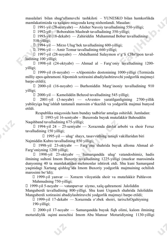 uhim vazifa sifatida qaralib, keng ko‘lamli jiddiy tadbirlar amalga oshirilmoqda. bu boradagi tarixiy ishlarning amalga oshirilishi yangi jamiyatimiz ma‘naviyati binosining qad rostlashiga muhim omil bo‘lmoqda. natijada respublikamizda ma‘naviyat sohasining yangi tizimi vujdga kela boshladi. «ma‘naviyat va ma‘rifat» jamoatchilik markazi, «o‘zbekkino», «o‘zbeknavo», «o‘zbekraqs», «o‘zbekteatr», «o‘zbekmuzey», badiiy akademiya, o‘zbek amaliy san‘at markazi, milliy madaniy markazlar kabi madaniy-ma‘rifiy tashkilotlar va ko‘plab jamg‘armalarning tuzilishi respublika ma‘naviyati asosiy sohalarining tarkib topishi va rivojlanishiga zamin bo‘ldi mustaqillik yillarida o‘zbekiston tarixini yoritish va o‘rganish masalalariga alohida e‘tibor berilmoqda. sovet davridagi sinfiylik yondashuv va hukmron kommunistik mafkura tayziqi ostida taqiqlangan tarixiy mavzulardagi asarlar chop etilib, xalqimiz tarixini holislik, haqqoniylik asosida tiklash va chuqur, har tomonlama tadqiq qilishga kirishildi. bu borada o‘zbek xalqi va o‘zbek davlatchiligi tarixini, tariximizning boshqa sahifalarini holisona ilmiy asosda yoritish vazifalarini birinchi prezident i.a. karimov bir guruhi tarixchilar bilan 1998-yil iyun oyida bo‘lgan suhbati va vazirlar mahkamasining «o‘zbekiston respublikasi fanlar akademiyasi tarix instituti faoliyatini takomillashtirish …