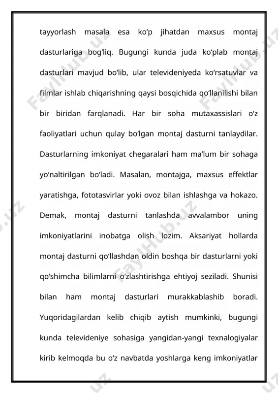 zariy qism 1.1 maxsus effektlar uchun kompyuter taxnalogiyalari elektronika va kibernetikaning rivojlanishi asosida va tasvirlarni qayta ishlashni komyuter dasturlarida amalga oshirish natijasida yuzaga kelgan yangi vositalar, ularning keng tarqalishi tasviriy san’atda yangi bir yo‘nalish – “kompyuter grafikasi”ning paydo bo‘lishiga olib keldi. bu esa sanoat va maishiy dizayn ko‘rinishini o‘zgarishiga sabab bo‘ldi. “kompyuter grafikasi” termini endilikda kino sanoatida kompyuter maxsus effektlari deb qo‘llanilmoqda. kompyuter maxsus effektlarning paydo bo‘lishi kino, musiqali kliplar va teleko‘rsatuvlar uchun muhim o‘zgarishlar davrini boshlab berdi. kompyuter maxsus effektlarda quyidagi jixatlar kiritilgan: kompyuter animatsiyasi, va kompyuter grafikasi elementlari va kinodagi tasviriy safatiga juda kuchli ta’sir ko‘rsatadi. maxsus effektlar (qisqartirilgan spfx yoki sfx) kino, televidenie va ko‘ngilochar sohalarda kosmik sayohat kabi sahnalarni amalga oshirish uchun ishlatiladi. ular, shuningdek, effektni oddiy vositalar yordamida yaratish juda qimmatga tushganda ishlatiladi; masalan, xvi asr qal’asini qurish yoki yigirmanchi asr okean kemasini cho‘ktirish juda qimmatga tushadi, lekin ularni maxsus effektlar yordamida simulyatsiya qilish mumkin. …