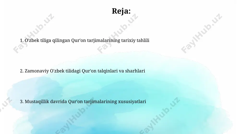 ologiyaning standartilashuvi yo'qligi kuzatildi, turli mualliflar turlicha atamalarni qo'llaganlar. dastlabki tarjimalar, asosan, 1990-yillar boshlarida paydo bo'lib, tilning o'ziga xos xususiyatlarini to'liq aks ettirmay, ko'proq transliteratsiyaga yaqin bo'lgan. zamonaviy tarjimalarning o'ziga xos jihatlari zamonaviy uzbek tiliga qilingan qur’on tarjimalarining 10 dan ortig‘i ilm-fan sohasidagi mutaxassislar tomonidan tahrir qilingan va sharhlarga boy. zamonaviy tarjimalarda 20 dan ortiq turli uslubiy yondashuvlar qo‘llanilib, matnning badiiyligi va tushunarliligi ta’minlangan, bu esa keng o‘quvchi auditoriyasini qamrab olish imkonini berdi. qur'on tarjimalarining jamiyatga ta'siri o‘zbek tiliga qilingan quron tarjimalarining keng tarqalishi diniy ekstremizm va radikalizmga qarshi kurashda ma’lum darajada ijobiy rol o‘ynadi, chunki to‘g‘ri tushuncha xavflarni kamaytiradi. turli tarjimalarning mavjudligi turli xil talqinlarga va ijtimoiy muhokamalarga olib keldi, bu esa islomning turli mazhablari va fikr oqimlari o‘rtasidagi munosabatlarga ta’sir ko‘rsatdi. mustaqillik yillarida qur'on tarjimalarining paydo bo'lishi mustaqillikdan keyingi dastlabki yillarda, taxminan 1990-yillarning boshlarida, bir nechta qur'on tarjimalari paydo bo'lib, ularning aksariyati rasmiy nashr etilmagan va qo'lyozma shaklida …