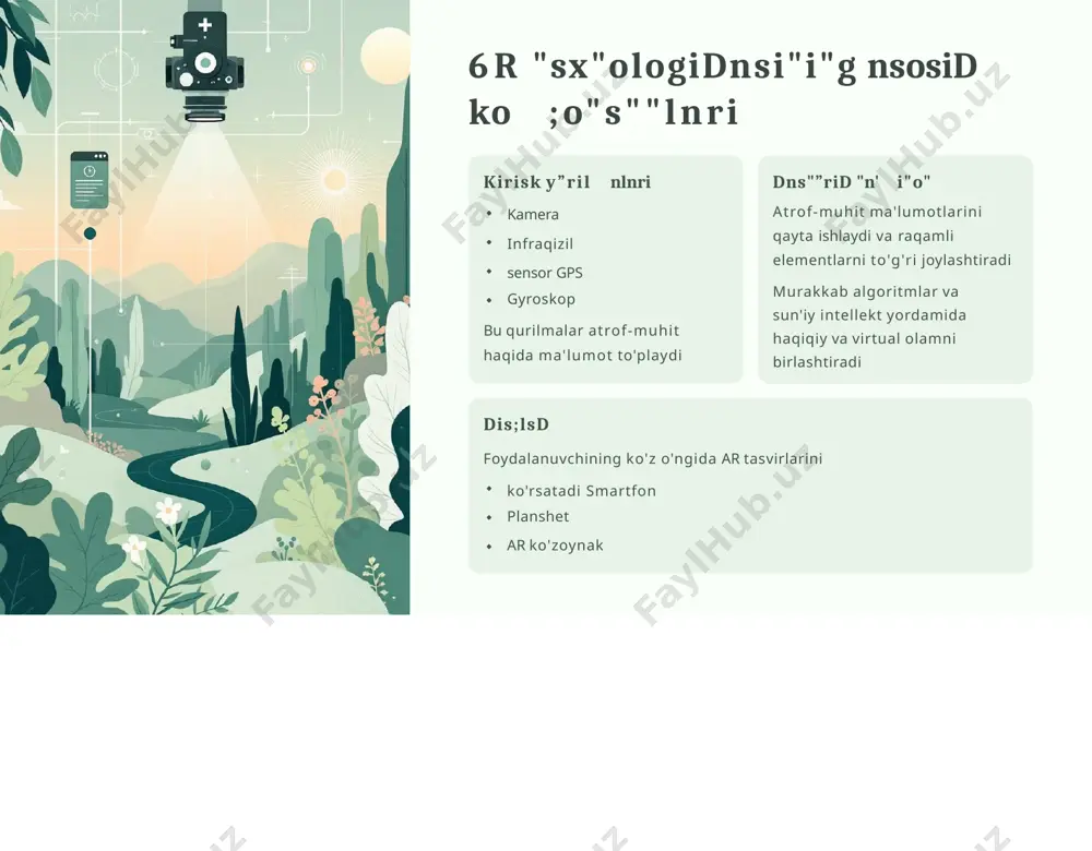 n xr metavers va kengaytirilgan haqiqat (xr) bilan birlashish. virtual va real dunyolarning yanada chuqur integratsiyasi. 6r ko'zod"nklnri"i"g "nrynliski ar ko'zoynaklarining keng tarqalishi va arzonlashuvi. apple vision pro kabi qurilmalar ommaviy foydalanish uchun moslashtiriladi. ks"g yo'lln"ilisk sanoat, ta'lim va kundalik hayotda yanada chuqurroq qo'llanilishi. har bir uy va ishxonada ar texnologiyasi mavjud bo'ladi. x”losn 6r − kslnjnk"i"g ko'zg”si ar texnologiyasi real va raqamli dunyoni uyg'unlashtirib, hayotimizni tubdan o'zgartirmoqda. bu faqat texnologik o'zgarish emas, balki fikrlash va yashash uslubimizning yangi bosqichidir. har bir sohada yangi imkoniyatlar yaratmoqda: ta'lim, sog'liqni saqlash, savdo va boshqa barcha sohalar ar texnologiyasidan foydalanib yanada samarali ishlayapti. bugun ar bilan tanishing, ertangi kunda undan foydalaning! kelajak allaqachon boshlangan - ar texnologiyasi orqali dunyoni yangi ko'zlar bilan ko'ring. image1.jpg image2.png image3.jpg image4.jpg image5.png image6.png image7.png image8.jpg image9.png image10.png image11.png image12.png image13.jpg image14.png image15.png image16.png image17.png image18.jpg image19.png image20.png image21.png image22.png image23.jpg image24.png image25.png