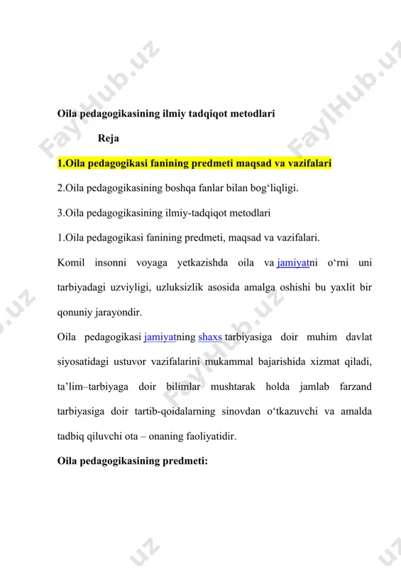 gaoshirish; · barkamolinsontarbiyasigadoirmuammolarnihalqilishdoimiyvahayotiyizlanishlarnitalabetadi. 2. oila pedagogikasining tarixiy ildizlari: oila va undagi tarbiya usul, vosita va omillari ko‘proq yozma pandnomalarda; kaykovusni «qobusnoma», «saodatnoma», zahiriddin muhammad boburning «boburnoma»si, «to‘ti shohnoma», «odobnoma» kabilarda oila muammosiga doir masalalar ilmiy va nazariy, amaliy jihatdan asoslab berilgan. mutafakkir va ma’rifatparvarlarni ijodiy faoliyatida oila muammosi asosiy o‘rin egallagan. buning sababi bo‘lajak oila pedagogikasi fanini mazmundorligini ta’minlovchi badiiy adabiyot, san’at asarlari, milliy meros va umuminsoniy qadriyatlardir. oila tarbiyasidagi bolalar xayotini tug‘ri uyushtirish, ularni vaqtdan tugri va unumli foydalanishning asosiy garovi ekanligini ota-onalar o‘z farzandlariga o‘qtirishlari lozim. oila tarbiyasi masalalari bo‘yicha maxsus abu ali ibn sino «tadbir al-manozil» nomli asarini yozgan. unda olim ota-onaning bolalarni tarbiyalashdagi vazifalarini yoritgan. asarda oilada ota-onaning vazifasi, burchiga va oila munosabatlariga to‘xtalar ekan, ayniqsa ota-onalarning oilada mehnatsevarligi bilan farzandlarini xam kasb va hunarga o‘rgatish borasida muhim fikrlar bayon etadi. ibn sino tarbiyaviy qarashlarida oila va oilaviy masalalarga keng o‘rin berilgan. ota oilada o‘z farzandlariga …