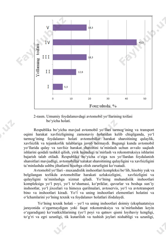 xalqaro me’yorlar va standartlar talablari darajasiga ko‘tarish, yuklar va yo‘lovchilarni tashishning barcha yo‘nalishlari bo‘yicha raqobatbardosh tranzitni amalga oshirish, hamda avariyalarni kamaytirish erishish lozim. 2-rasm. umumiy foydalanuvdagi avtomobil yo‘llarining toifasi bo‘yicha holati. respublika bo‘yicha mavjud avtomobil yo‘llari tarmog‘ining va transport oqimi harakat xavfsizligining zamonaviy holatidan kelib chiqilganda, yo‘l tarmog‘ining foydalanuv holati avtomobillar harakat sharoitining qulaylik, xavfsizlik va tejamkorlik talablariga javob bermaydi. bugungi kunda avtomobil yo‘llarida qulay va xavfsiz harakat sharoitini ta’minlash uchun avvalo saqlash ishlarini qoidali tashkil qilish, yirik hajmdagi ta’mirlash va rekonstruksiya ishlarini bajarish talab etiladi. respublika bo‘yicha o‘ziga xos yo‘llardan foydalanish sharoitlari mavjudligi, avtomobillar xarakat sharoitining qulayligini va xavfsizligini ta’minlashda ushbu jihatlarni hisobga olish zarurligini ko‘rsatadi. avtomobil yo‘llari muxandislik inshootlari kompleksi bo‘lib, hisobiy yuk va belgilangan tezlikda avtomobillar harakati uzluksizligini, xavfsizligini va qulayligini ta’minlashga xizmat qiladi. yo‘lning muhandislik inshootlari kompleksiga yo‘l poyi, yo‘l to‘shamasi, ko‘priklar, quvurlar va boshqa sun’iy inshootlar, yo‘l jixozlari va himoya qurilmalari, avtoservis, yo‘l va avtotransport …