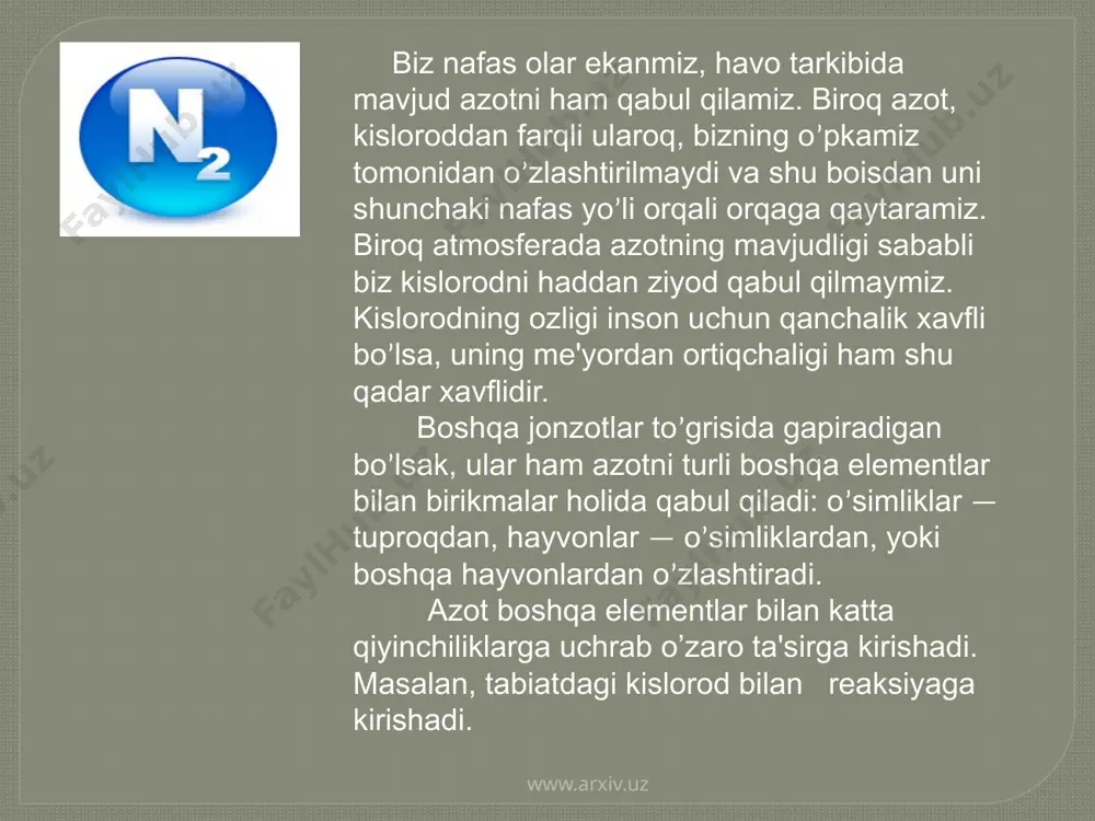 ar tanasidagi elementlarning 95 % zini 4 ta element tashkil etadi: vodorod kislarod va azot tashkil etadi. bu elementlar organogenlar ham deyiladi. chunki ular o’simlik tanasidagi organik moddalarning ( oqsillar , yog’lar, uglevodlar) asosini tashkil etadi. o’simliklar tanasidagi har bir mineral element ma’lum fiziologik funksiyalarni bajaradi www.arxiv.uz www.arxiv.uz barcha azotli o’g’itlar to’rtta guruhga bo’linadi: nitratli 2) ammoniyli 3) ammoniyli- nitratli 4) mochevina nitratli o’g’itlar tarkibida azot nitrati anioni ( no3-) shakllida bo’ladi. eng muhim tuzlari - na no3, ca (no3)2 fiziologik ishqoriy reaksiyaga , nordon tuproqlarda yuqori samaradorlikka ega . nitrat shakllidagi azotli o’g’itlar tuproq qatlami bo’ylab tez tarqaladi. www.arxiv.uz shuning ham ko’p ishlatiladigan sellitra ammoniy nitrat o’g’itini ko’zgi shudgor qilishda tuproqqa solish tavsiya qilinadi. chunki tez yuvilib ketadi . kuzgi shudgorlashda solish uchun azotning suvda sekin eriydigan kalsiy sianimid kabi shakllaridan foydalanish mumkin. azot o’g’itlaridan foydalanishda ularning isrof bo’lishini ham hisobga olish, ayniqsa, muhimdir. azotning tez eriydigan nitrat tuzlari …