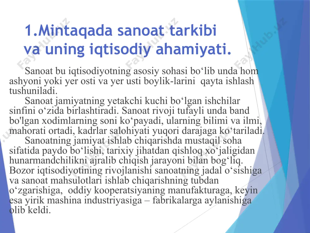 h mahsulotlari, yog‘och va po‘kak buyumlar, pohol va to‘qish uchun materiallar, qog‘oz va qog‘oz mahsulotlari, mebel, boshqa noruda mineral mahsulotlar, mashina va uskunalarni ishlab chiqarish, ta’mirlash va o‘rnatish, avtotransport vositalari, treylerlar, yarim pritseplar va boshqa tayyor metall buyumlar, yozilgan materiallarni nashr qilish va aks ettirish, qora va rangli metallar va ulardan buyumlar ishlab chiqarish bilan shug‘ullanuvchi korxonalar kiritiladi. elektr, gaz, bug‘ bilan ta’minlash va havoni konditsiyalash korxonalari elektr energiya, bug‘, gazsimon yoqilg‘ini ishlab chiqarish, yetkazib berish, tarqatishni ta’minlaydi. suv bilan ta’minlash, kanalizatsiya tizimi, chiqindilarni yig‘ish va utilizatsiya qilish korxonalari suvni qayta ishlash (tozalash), suv bilan ta’minlash, oqova suvlarini tozalash, transportirovka qilish va tozalash, chiqindi tashlaydigan o‘ralarni tozalash va ishlov berish, chiqindilarni yig‘ish, tozalash va utilizatsiya qilish, rekultivatsiya qilish xizmatlarini ko‘rsatish bilan shug‘ullanadilar. sirdaryo viloyati sanoati tarkibi (jamiga nisbatan ulushi, % da sanoat ishlab chiqarishi tarkibida eng katta ulush ishlab chiqara-digan sanoat hissasiga to‘g‘ri kelib, uning jami sanoat ishlab chiqarishidagi ulushi …