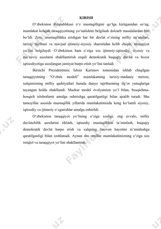 ishganidan so’ng, kelajakka qanday yo’ldan borishi masalasi kun tartibiga qo’yilgan eng dolzarb masalalardan biri bo’ldi. buning bir qator ob‘ektiv va sub‘ektiv sabablari mavjud. uning ob‘ektiv sabablaridan biri jahonda ijtimoiy-iqtisodiy rivojlanishning barcha davlatlarga mos keladigan biron-bir tayyor andozasining yo’qligi va bo’lishi ham mumkin emasligi edi. ikkinchi ob‘ektiv sabab-ma‘muriy buyruqbozlikka asoslangan tuzumga xos ijtimoiy munosabatlar va qoidalar endilikda respublikada barpo etilayotgan yangi ijtimoiy yo’naltirilgan, bozor iqtisodiyotiga asoslangan huquqiy demokratik davlat manfaatlariga mos kelmasligi edi. mulkchilik va uni boshqarish, ishlab chiqarishdagi inson omilini ortishini hisobga olgan holda dalatni boshqarishning butunlay yangi shaklini vujudga keltirish zarur edi. mustaqillikning demokratik asoslarini chuqurlashtirish va muvaffaqiyatli faoliyat yuritishi uchun o’zbekiston aynan shu yo’lni tutdi. natijada demokratiya mamlakatimiz miqyosida nazariyadan amaliyotga yoki mavhumlikdan «o’zbekiston modeli»ga aylandi. sobiq ittifoq doirasida aynan o’sha kezlarda suveren o’zbekistonning tashkil etilganligi milliy davlat qurilishidagi boy tajriba va an‘analarga tayangan holda xalqning o’z taqdiri va kelajagini belgilashdan iborat burchi, huquqi va shuningdek, o’sha davrdagi …