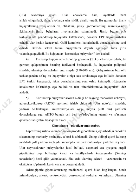 zofil hujayralar: 3) gonadotrop hujayralar – ularning gormonlari glikoproteid tabiatiga ega. bu yumaloq hujayralarda donador ept nisbatan yaxshi rivojlangan, markazda golji kompleksi, yumaloq mayda (200-250 nm) donachalar joylashgan. donachalar bilan bir qatorda yirik zich glikoproteid tomchilari ko`rinadi. taxminan bu hujayralarning bir turi follikulostimullovchi gormon (fsg), boshqasi esa – lyuteinlovchi gormon (lg) sekretsiya qiladi. ular erkaklarda ham, ayollarda ham ishlab chiqariladi, faqat ayollarda ular siklik ajralib turadi. bu gormonlar jinsiy hujayralarning rivojlanishi va etilishini, jinsiy gormonlarning sekretsiyasini, ikkilamchi jinsiy belgilarni rivojlanishini stimullaydi. jinsiy bezlar olib tashlanganda gonodotrop hujayralar kattalashadi, donador ept hajmi nisbatan oshadi, ular keskin kengayadi, golji kompleksi kattalashadi, donachalarning soni oshadi. ba’zida sekret butun hujayralarni deyarli egallagan bitta yirik vakuolaga quyiladi. bu hujayralar “kastratsiya hujayralari” deb ataladi. 4) tireotrop hujayralar – tireotrop gormoni (ttg) sekretsiya qiladi, bu gormon qalqonsimon bezning faoliyatini boshqaradi. bu hujayralar poligonal shaklda, ularning donachalari eng mayda (150-200 nm). qalqonsimon bez olib tashlangandan so`ng bu hujayralar …