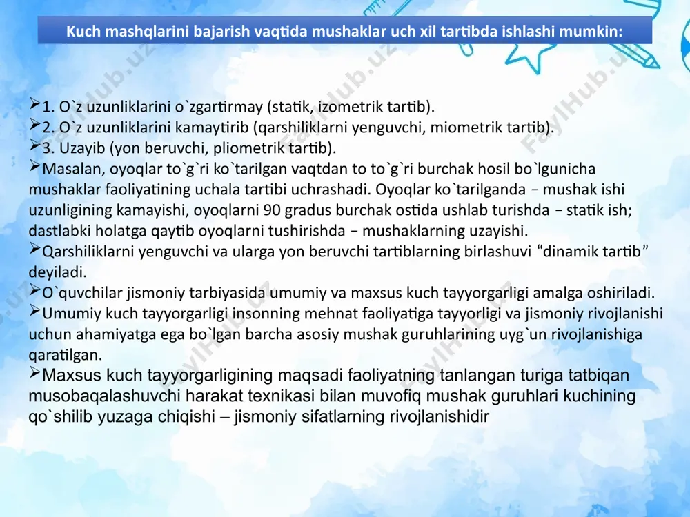 sa ogirlashtirib, vazminligini ortirib, malol kelishi tezlashadigan mashqlarda), dastlabki holatda muskul tarangligi bir xil (statik holat) ushlanadigan mashqlarda, mashqning tashkillanishi qiyinligi (maxsus jihozning kerakligi, metal jihozning shovqini va boshqalar) ko‘zga tashlanadi. o‘z-o‘ziga qarshilik ko‘rsatish bilan bajariladigan mashqlarning qulayligi shundaki, qisqa vaqt ichida katta dozada nagruzka berish mumkin va maxsus jihoz va inventarni talab qilmaydi, lekin muskullar elastikligining tezda yo‘qolishiga olib keladi. bundan tashqari, bu mashqlar yuqori nerv tarangligi (zo‘ri-qishi)da bajariladi, shuning uchun ularni soglom, jismoniy tayyorgarligi talab darajasida bo‘lgan odamlarga, o‘z-o‘zini nazorat qilish tizimli olib borilishi tavsiya etiladi. kuchni tarbiyalash uslublari 1. chegaraga yaqin bo`lgan og`irlikni takrorlash uslubi. 2. chegaraga yaqin bo`lmagan og`irlikni takrorlash uslubi. 3. og`irlikni tabora oshirib borish uslubi. 4. aylanma uslub….. kuch qobiliyatlarining rivojlanish darajasini va namoyon bo‘lishini belgilovchi omillar. tezlik-uch qobiliyatlari. portlash kuchi. kuch qobiliyatlarini rivojlantirish usuliyati. kuch qobiliyatlarini rivojlantirish vositalari. mushaklarni muvofiqlash haqida tushuncha. mushaklarning o‘zaro harakatini belgilovchi omillar. turli mushak guruhlarining kuch qobiliyatini rivojlantirish …
