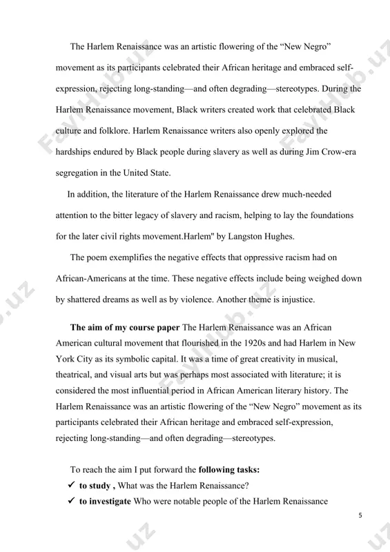 ” (as it was then known) a profoundly important international cast. harlem renaissance, a blossoming (c. 1918–37) of african american culture, particularly in the creative arts, and the most influential movement in african american literary history. embracing literary, musical, theatrical, and visual arts, participants sought to reconceptualize “the ______________ ¹new york times, 24 may 1998. negro” apart from the white stereotypes that had influenced black peoples’ relationship to their heritage and to each other. they also sought to break free of victorian moral values and bourgeois shame about aspects of their lives that might, as seen by whites, reinforce racist beliefs. never dominated by a particular school of thought but rather characterized by intense debate, the movement laid the groundwork for all later african american literature and had an enormous impact on subsequent black literature and consciousness worldwide. while the renaissance was not confined to the harlem district of new …