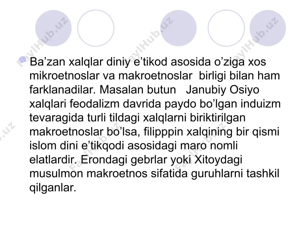 yerda yevropeoid, mongoloid, negroid va hatto veddoavstroloid irqlarintg xam vakillari mavjud. evropa qit’asidan uch xissa katta territoriyaga ega bo’lgan afrikaning etnik qiyofasi tabiati singari boy va rang-barangdir. chet el olimlari uni ilgari «qora qit’a» deb atab, etnik tuzilishi o’zaro bog’lik bo’lmagan turli qabialardan iborat deb noto’g’ri tariflaganlar. albatta mustamlakachilikning asosiy ob’ekti bo’lgan, vatandan mahrum etilgan yuz minglab negrlarni qul qilib sotgan afrika qit’asi bir necha asrlar davomida taraqqiyotdan chekkada qolgan edi. lekin bu yerda bir necha millionli (misrliklar, jazoirliklar, marokashliklar, amxaraliklar) hozirgi millatlar, yirik xalq va elatlar (nigeriyadagi xausa va fulba) bilan bir qatorda hozirgi kunda ham daydilik, sargardonlik va ovchilik bilan shug’g’ilanib kelayotgan urug’chilik tuzumida yashayotgan etnografik guruhlar ham uchraydi. demak, nihoyatda xilma - xil va rang-barang, katta va kichik turli etnoslar jahonda mavjud. ular o’zlarining tabiiy geografik sharoiti, tarixiy shakllanib kelgan tili va milliy xususiyatlari, joylaniishi va turar joylari, milliy arxitektura va uy ro’zg’or buyumlari, toamlari va iste’mol …