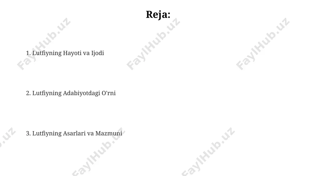 ing ijodida tabiat manzaralari, ayniqsa, 5 ta she'rida farg'ona vodiysining go'zalligi va uning o'simliklari, gullari bilan bog'liq tasvirlar mavjud. lutfiyning 30 dan ziyod ruboiylarida lirik qahramonning muhabbati, iztirobi va umidsizlik hissiyotlari, shu jumladan, samarqand shahriga oid nostaljik tuyg'ular ifodalangan. lutfiyning she'rlarida, 16-asr buxorosi hayotiga oid tasvirlar, xususan, 20 dan ortiq g'azallarida amirlar saroyi va uning atrofidagi hayot aks ettirilgan. lutfiyning hayoti va ijodi lutfiyning "gulxan" asari 300 dan ortiq baytni o'z ichiga oladi va unda muhabbat, tabiat va insoniy qadriyatlar mavzusida chuqur fikrlar ifodalangan. lutfiyning 15 asardan ortiq g'azal, ruboiy va masnaviylari mavjud bo'lib, ularning aksariyati buxoro va samarqand kabi shaharlarda yozilgan. uning ijodida tasavvuf falsafasi, 16-asr o'rta osiyosi hayotiga oid tafsilotlar va she'riy san'atning murakkab uslublari yaqqol ko'zga tashlanadi. lutfiy va zamonaviy adabiyot zamonaviy o'zbek roman va hikoyalarida lutfiyning "kamsa" dostonidagi 3 ta asosiy qahramon prototiplari va ularning dramatik munosabatlari 21-asr talqini bilan aks ettiriladi. lutfiyning 15-asrda buxoro shahrida …