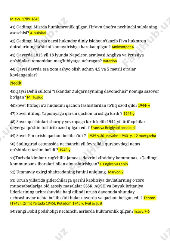 yillarida gitlerchilarga qarshi kaolitsiya davlatlarning o’zoro munosabatlariga oid asosiy masalalar sssr, aqsh va buyuk britaniya liderlarining uchrashuvida haql qilindi urush davomida shunday uchrashuvlar uchta bo’lib o’tdi bular qayerda va qachon bo’lgan edi ? tehron (1943), qrim( yaltada 1945), potsdom 1945 y. iyul avgust 54)yangi bobil podsholigi nechinchi asrlarda hukmronlik qilgan?m.avv.7-6 55)973-yil afg’onistonda davlat to’ntarishi bo’layotgan vaqtda muhammad dovud qaysi davlatda edi? italiyada 56)“umumiy tarix”-asari muallifini aniqlang. polibiy 57)“vish zalmiyon” harakati qaysi davlatda vujudga kelgan? afghanistan 58)“xagan” harbiy dastasi qaysi davlatga tegishli? isroil 59)“xxi asr ustaxonasi” atamasi qaysi davlatga nisbatan ishlatiladi? xitoyga 60)“yevropaning kengayishi globallashayotgan dunyoda zaruriyatdir” ushbu jumlalar kimga tegishli? r. prodi 61)“yosh italiya” nomli yagona umumitalyan inqilobiy tashkiloti qayerda tuzilgan? marselda, 62)”buzoqchalar mamlakati” ma’nosini bildiruvchi mamlakarni aniqlang. italiya 63)”dahshatli sud kitobi” qaysi davlat tarixida aholini ro’yxatga olish shu nom bilan atalgan? anglia 64)”dvoryanlarning in’om yorlig’i” qaysi davlada qabul qilingan? rossiya imperiyasi 65)”gerb soligi to’g’risida”gi qonun qaysi davlatda qabul qilingan? …