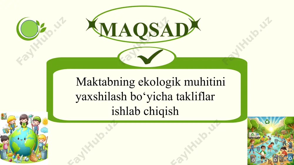 lari bo‘yicha direktor o‘rinbosari (xibdo‘) faoliyati samaradorligini oshirish. grand va loyihalardan, chiqindilarni saralash va qayta ishlashga yuborishdan, maktab bog‘idan olinadigan daromadlardan xo‘jalik xodimlarini rag‘batlantirish tizimini yo‘lga qo‘yish. ijtimoy sheriklikka asoslangan eko tashabbuslar. ota-onalar, mahalla, ekologik tashkilotlar bilan hamkorlikda musobaqalar, seminarlar va aksiyalar tashkil etish orqali keng jamoatchilikni ekologik islohotlarga jalb etish. chora-tadbirlar rejasi t/r muammo muammoning yechimini amalga oshirish mexanizmi mas’ullar muddati natija 1 ekologik tashabbuslarni qo‘llab-quvvatlovchi xorijiy va mahalliy grandlar va loyihalarni maktabga jalb qilish zarur. 1. xorijiy va mahalliy grand va loyihalarni aniqlash, ularning talablarini o‘rganish; 2. grand va loyihalar talablari asosida maktab va xodimlarni tayyorlash orqali grand va loyihlar taklif qiluvchi tashkilotlarning e’tiborini jalb qilish; 3. grand va loyihalarning imkoniyatlaridan foydalanib maktabni yashil hududga aylantirish (bog‘ yaratish, energiya va suv tejovchi texnologiyalari, chiqindilarni saralash va qayta ishlashga yo‘naltirish) maktab direktori, direktor o‘rinbosarlari 2026-yil iyun grand va lohiyalardan tushgan mablag‘lar, grand va loyihalar beruvchi tashkilotlarning amaliy yordamidan foydalanib …