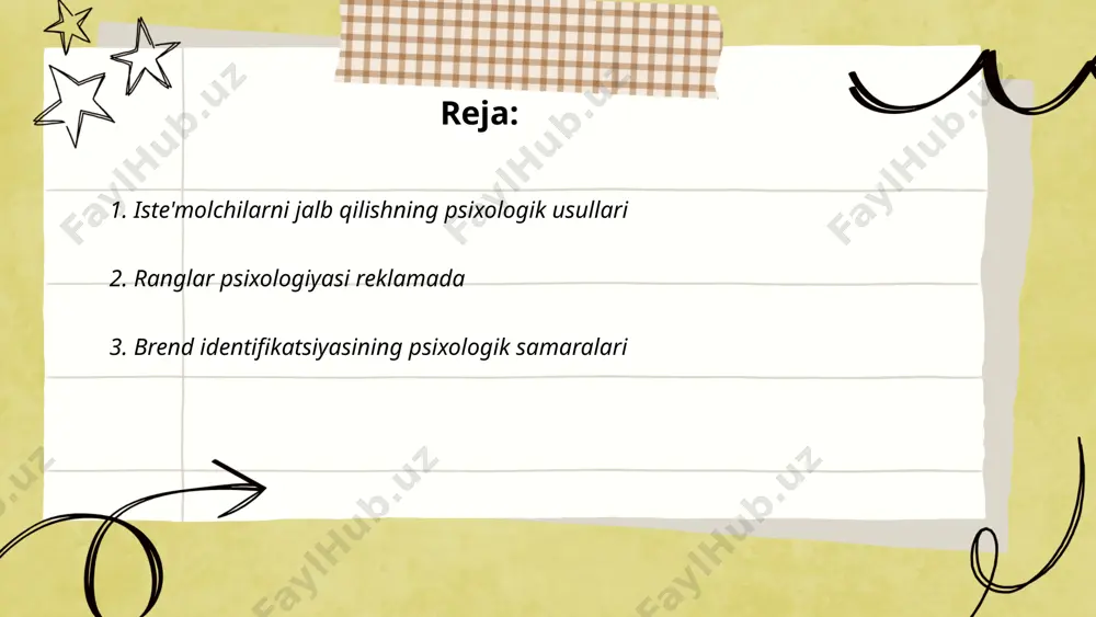 ni jalb qiladi. oq rang tozalikka urg'u berib, tibbiy va gigiyena mahsulotlarida qo'llanadi. yashil rang ekologiya va salomatlikni targ'ib etib, sog'lom turmush tarzini reklama qilishda ishlatiladi. tadqiqotlar shuni ko'rsatadiki, ranglar iste'molchilarning xarid qilish qarorlariga ta'sir ko'rsatadi va ular reklama samaradorligini 60% gacha oshirishi mumkin. ... t.me/slaydai_bot brend identifikatsiyasining psixologik samaralari iste'molchilar xulq-atvoriga sezilarli ta'sir ko'rsatadi. brendning o'ziga xosligi va imidji iste'molchilarda ma'lum bir emotsional bog'liqlik va sadoqat uyg'otishi mumkin. tadqiqotlarga ko'ra, iste'molchilarning 60% dan ko'prog'i brendlarga emotsional bog'langanligi sababli sotib olish qarorini qabul qiladi. brend identifikatsiyasi orqali yaratilgan ijobiy hissiyotlar iste'molchilarning brend bilan uzoq muddatli munosabatlarini mustahkamlaydi. shuningdek, brendning ijtimoiy maqomi va obro'si ham iste'molchilarni ta'sirlantirishda muhim rol o'ynaydi, chunki odamlar ma'lum bir brendni tanlash orqali o'z ijtimoiy maqomini ko'rsatishni xohlaydi. ... t.me/slaydai_bot 4. xarid qilish qarorlariga ta'sir etuvchi omillar xarid qilish qarorlariga ta'sir etuvchi omillar orasida bir necha asosiy jihatlar ajratiladi. iste'molchilarning qiziqishlari va ehtiyojlari, shaxsiy omillar, masalan, yosh, …