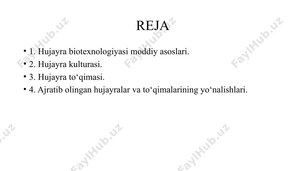 ngan hujayralar va to‘qimalarni biotexnologiyadagi rolini uch yo‘nalishda ko‘rish mumkin: birinchi yo‘nalish ajratib olingan o‘simlik hujayrasini tibbyot, veterinariya, kosmetika va boshqa sohalar uchun zarur bo‘lgan ikkilamchi metabolitlar : alkoloidlar, steroidlar, glyukozidlar, gormonlar, efir moylari va boshqa biologik faol moddalar sintez qilish imkoniyati bilan bog‘liq. ma’lumki, ikkilamchi metabolitlar qattiq (agarli) yoki suyuq ozuqa muhitida o‘stirilgan kallus to‘qimalardan olinadi. hujayra texnologiyasi asosida diosgenin -dioskore hujayrasidan; aymolin -ilon rasvolfi hujayrasidan; umumiy kuch beruvchi moddalar -jenshen hujayrasidan; va x.k. ajratib olinadi va tibbiyot hamda parfyumeriyada ishlatiladi. shuni e’tiborga olish kerakki, o‘stiriladigan hujayralarni hosildorligi, butun o‘simlikni hosildorligidan ancha baland. bunday usul bilan ikkilamchi metabolitlar ajratib olishni yana bir ustunlik tomoni shundaki, muayyan sharoitda o‘simlikni o‘zini o‘stirish imkoniyati bo‘lmagan sharoitda (sovuq yoki issiq iqlimli intaqalarda), ularni hujayralarini butun yil maboyinida o‘stirish mumkin. ikkinchi yo‘nalish-ajaratib olingan hujayralarni, o‘simliklar seleksiyasida ishlatish va shu orqali tez rivojlanuvchi, har xil tashqi muhit ta’siriga chidamli (issiqqa, sovuqqa, sho‘rlanishga, og‘ir metallarga, qurg‘oqchilikka, …