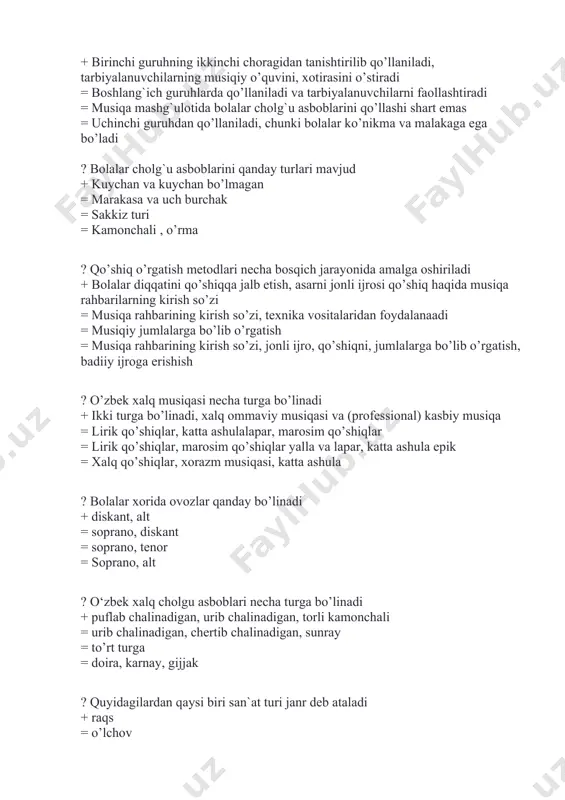 ychan va kuychan bo’lmagan = marakasa va uch burchak = sakkiz turi = kamonchali , o’rma ? qo’shiq o’rgatish metodlari necha bosqich jarayonida amalga oshiriladi + bolalar diqqatini qo’shiqqa jalb etish, asarni jonli ijrosi qo’shiq haqida musiqa rahbarilarning kirish so’zi = musiqa rahbarining kirish so’zi, texnika vositalaridan foydalanaadi = musiqiy jumlalarga bo’lib o’rgatish = musiqa rahbarining kirish so’zi, jonli ijro, qo’shiqni, jumlalarga bo’lib o’rgatish, badiiy ijroga erishish ? o’zbek xalq musiqasi necha turga bo’linadi + ikki turga bo’linadi, xalq ommaviy musiqasi va (professional) kasbiy musiqa = lirik qo’shiqlar, katta ashulalapar, marosim qo’shiqlar = lirik qo’shiqlar, marosim qo’shiqlar yalla va lapar, katta ashula epik = xalq qo’shiqlar, xorazm musiqasi, katta ashula ? bolalar xorida ovozlar qanday bo’linadi + diskant, alt = soprano, diskant = soprano, tenor = soprano, alt ? o‘zbek xalq cholgu asboblari necha turga bo’linadi + puflab chalinadigan, urib chalinadigan, torli kamonchali = urib chalinadigan, chertib chalinadigan, sunray = …