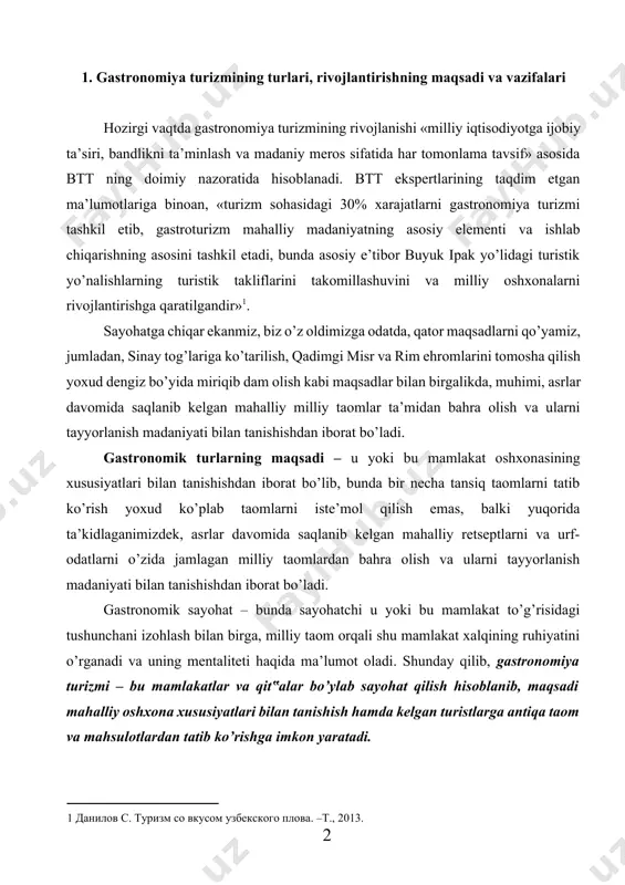 t oladi. shunday qilib, gastronomiya turizmi – bu mamlakatlar va qit‟alar bo’ylab sayohat qilish hisoblanib, maqsadi mahalliy oshxona xususiyatlari bilan tanishish hamda kelgan turistlarga antiqa taom va mahsulotlardan tatib ko’rishga imkon yaratadi. gastronomik tur xizmat sifatida nafaqat sayohat qilish bo’lib hisoblanadi, balki dunyoning boshqa biror joyida takrorlanmaydigan va betakror ta’mga ega bo’lgan masalliqlardan tarkib topgan, ma’lum bir hududdagina uchrovchi taomlarni tatib ko’rishga qaratilgan tadbirlar majmuiga kiradi. gastronomiya turizmi turiga qiziqish yildan-yilga oshib bormoqda. bu qiziqish ko’proq buyuk britaniya, italiya va peruda keng ommalashib, yildan-yilga gastroturistik marshrutlar ishlab chiqqan mamlakatlar soni tobora ortib bormoqda. bunday qiziqishning oshishi turizmning boshqa turlarini ham rivojlantirishga zamin yaratmoqda. insonlar dam olishining bu turini yarim fabrikat mahsulotlarni iste’mol qilish ko’ngliga urganidan so’ng, ko’ngli istagan taomni asl holida tatib ko’rishga intilish, deb ham tushunish mumkin. gastronomiya turizmi birinchi navbatda gurmanlar, ya’ni mazali taom istovchilar uchun jozibador bo’lib, ularga tansiq taom, bu nafaqat yegulik, balki ko’tarinki kayfiyat bag’ishlovchi …