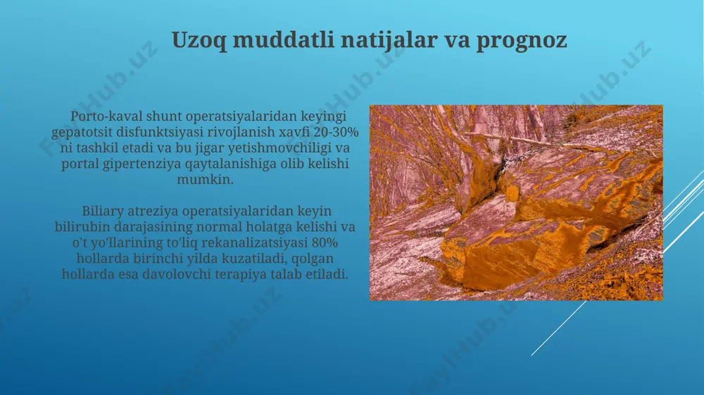 ning og'irlik darajasini baholash, shuningdek, 12 soatlik och qolish rejimiga rioya qilish kiradi. preoperatsion davrda antibiotik profilaktikasi o'tkaziladi. bemorning operatsiyaga tayyorligi qonning to'liq tahlili, ko'krak qafasi rentgenografiyasi va elektrokardiogramma (ekg) natijalari bilan baholanadi. bu testlarning natijalari operatsiya xavfining darajasini aniqlashga yordam beradi. portokaeval shunt operatsiyalari: turli xil usullar portokaeval shunt operatsiyalarining turli xil usullari orasida, end-to-side va side-to-side anastomozlar kabi 2 ta asosiy tip mavjud bo'lib, ularning har biri o'ziga xos xususiyatlarga va jarrohlik texnikasiga ega. portokaeval shunt operatsiyalarida, taxminan 5-10% hollarda, postoperatsion asoratlar, masalan, ensefalopatiya yoki yuqumli kasalliklar kuzatilishi mumkin, bu esa bemorlarning uzoq muddatli prognoziga ta'sir qilishi mumkin. operativ davolashning maqsadi va printsiplari biliary atreziya jarrohlik amaliyotining printsiplari kasai protsedurasini o'z ichiga oladi, bu esa 90% dan ortiq hollarda 1 yoshgacha bo'lgan bolalarda ijobiy natijalarga olib keladi. operativ davolashning asosiy maqsadi — 1-3 oylik chaqaloqlarda atreziya tufayli rivojlangan mexanik sariqlikni bartaraf etish va jigar sirrozini oldini olishdan iborat. …