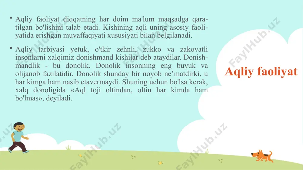 fikrini mustaqil javob qidirishga yo'llab, maktabgacha ta'lim yoshidagi bolalarda qiziquvchanlikning susayishiga yo'l qo'ymaydi. aqliy tarbiyaning vazifasi bolalar qiziquvchanligini ular aqlining sinchkovligini rivojlantirish va shular asosida bilishga qiziqish hosil qilishdan iborat. aqliy tarbiya vazifalari bolani maktab ta'limiga tayyorlashda aqliy tarbiyaning ahamiyati kattadir. bolani bilimlarini egallab olishlari ularni aqliy faolligini rivojlantirish aqliy malaka va ko'nikmalarini egallab olishlari ularni maktabda muvaffaqqiyatli o'qishlari uchun bo'lajak mehnat faoliyatiga tayyorlanishida manba bo'lib xizmat qiladi. odamning aqliy faoliyati - bu umumiy ham maxsus aqliy harakatlar xilma-xil sistemalarining katta miqdoridir. ko'pgina vazifalarni hal etishda qo'llaniladigan keng ko'lamdagi aqliy harakatlarni shakllantirish ayniqsa, muhimdir. bunday harakatlarga tahlil, qiyoslash, umumlashtirish kiradi aqliy mehnat madaniyati tushunchasi ham umumiy, ham maxsus aqliy harakatlarni egallash aqliy faollik va mustaqillikning rivojlanishini ta'minlaydi. aqliy faoliyatning moslashuvchanligi va jo'shqinligini, hodisalarni xilmaxil aloqalar va munosabatlarda ko'ra bilishni shakllantirishga yordam beradi. «aqliy mehnat madaniyati» tushunchasiga aqliy faoliyatning umumiy tartibliligi, rejaliligi, vazifani qabul qilish va o'rtaga qo'yish, uni hal etish …