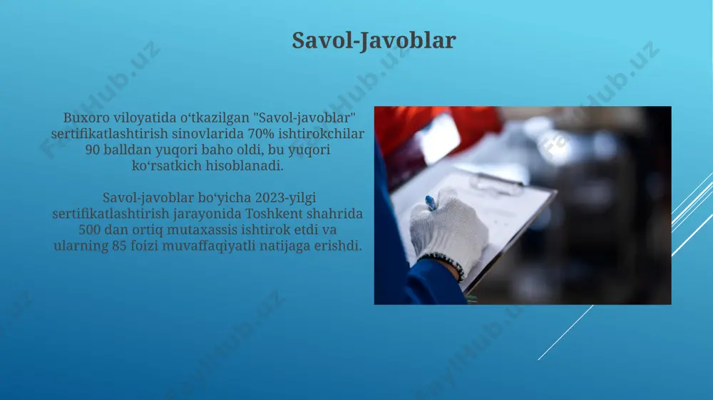 a kiberxavfsizlik bo'yicha 3 ta turli darajadagi audit xizmatlarini taklif qilishni rejalashtirmoqda. "xavfsizlik va sifat" sertifikatlashuvi toshkent shahridagi 50 dan ortiq it kompaniyalariga 2023 yilda iso 9001 va iso 27001 standartlariga muvofiqlikni ta'minlashda yordam berdi. xizmat sertifikatlashtirishning mohiyati samarqand viloyatida joylashgan 10 ta turizm kompaniyalarining xizmat sertifikatlashuvi natijalari, sayyohlar uchun taqdim etilayotgan xizmatlarning sifatini yaxshilash boʻyicha tavsiyalarni oʻz ichiga olgan 15 sahifalik hisobotda aks ettirilgan. xizmat sertifikatlashtirish jarayoni, oʻzbekiston standartlari agentligi tomonidan belgilangan 30 dan ortiq mezonlarga asoslanib, xizmat koʻrsatuvchi tashkilotlarning malakasini va sifatini baholashni oʻz ichiga oladi. sertifikatlashtirish jarayoni iso 9001 sertifikatini olish uchun kompaniya xalqaro standartlarga muvofiqligini 20 dan ortiq mezon bo'yicha ko'rsatishi, auditorlarning 5 kunlik tekshiruvidan o'tishi va natijalarni olmaota shahrida joylashgan sertifikatlashtirish markazidan olishi kerak. sertifikatlashtirish jarayoni odatda 3 bosqichdan iborat bo'lib, hujjatlarni topshirish, auditorlar tomonidan toshkentdagi kompaniyaning tekshiruvi va 7 kun ichida natijalarni e'lon qilishni o'z ichiga oladi. e'tiboringiz uchun rahmat @taqdimot_robot image1.jpg image2.jpg image3.jpg …