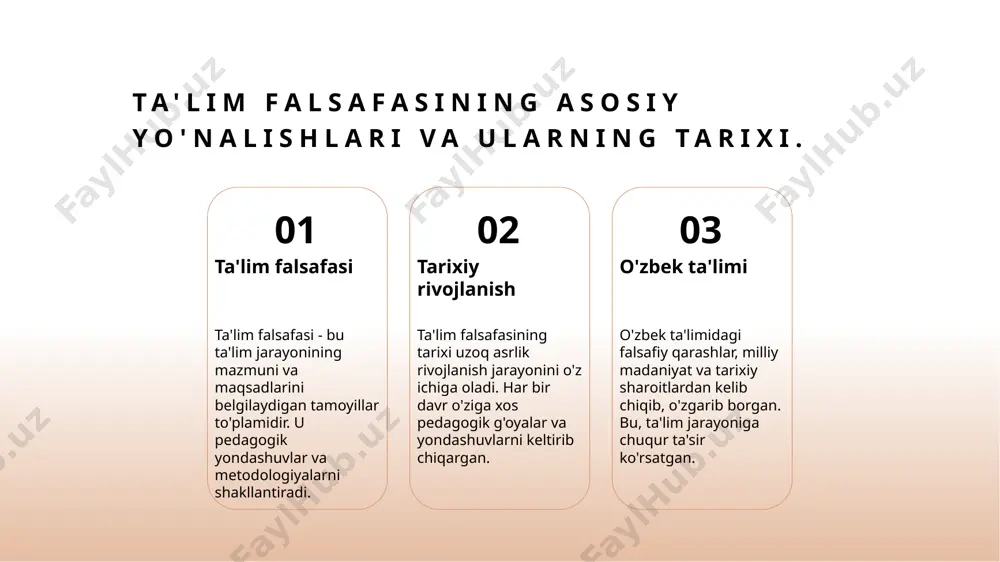 a'lim yondashuvlari o'zaro ta'sir qiladi, bu esa o'zbekistonda ta'limning sifatini yaxshilashga yordam beradi. o'zbekiston ta'limida madaniyat va pedagogikaning o'zaro ta'siri. madaniyat va ta'lim o'zbekistonda madaniyat ta'lim jarayonida muhim rol o'ynaydi, an'anaviy qadriyatlar va urf-odatlar ta'lim metodlariga ta'sir qiladi. pedagogik yondashuvlar zamonaviy pedagogika o'zbekistonda madaniy kontekstga moslashadi, bu esa o'qitish uslublarini va ta'lim metodlarini rivojlantiradi va yangilaydi. madaniy ta'sirlar o'zbek ta'limida madaniyat va pedagogika o'rtasidagi o'zaro ta'sir, o'quvchilarning shaxsiyati va jamiyatdagi rolini shakllantirishda muhim ahamiyatga ega. madaniy kontekstda ta'lim uslublarining o'zgarishi. 1 madaniyat va ta'lim - ta'lim uslublari madaniyat bilan chambarchas bog'liqdir. o'zbek ta'limida an'anaviy usullar milliy qadriyatlar va urf-odatlardan kelib chiqadi. 2 tarixiy o'zgarishlar - o'zbekistondagi ta'lim uslublari tarix davomida ko'plab o'zgarishlarga uchradi, bu o'zgarishlar madaniy va siyosiy vaziyatlarga bog'liq edi. 3 mahalliy an'analar - mahalliy an'analar ta'limda o'ziga xos uslublarni shakllantirdi. ular talabalarning o'z madaniyati va identifikatsiyasini kuchaytirishga yordam beradi. 4 zamonaviy yondashuvlar - bugungi kunda ta'limda zamonaviy yondashuvlar, …
