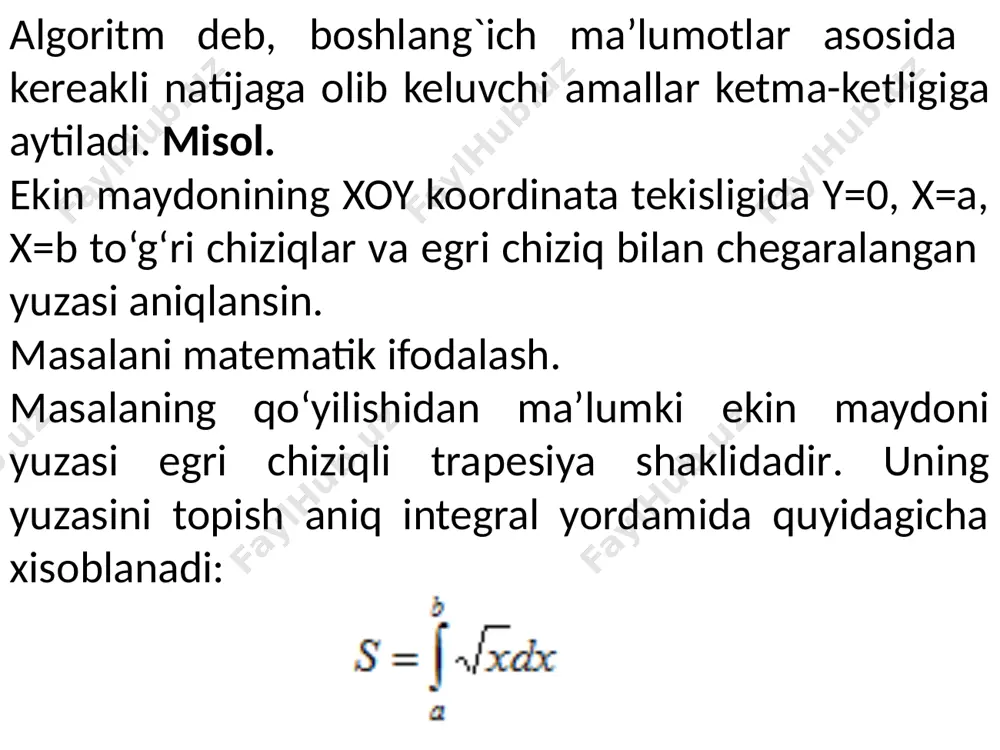 lgoritmni ishlab chiqishda uni bir necha xil usul bilan ifodalab bersa bo‘ladi. shulardan uchtasi keng tarqalgan. bu­lar: algoritmni so‘z bilan ifodalash; algoritmni maxsus (algoritmik) tilda yozish. algoritmni blok-sxema yordamida ifodalash. algoritm turlari. algoritmning asosiy tur­lariga chiziqli (a), tarmoqlanuvchi (b) va takrorlanuvchi (c) algoritmlar kiradi. algoritmda amallar tabiiy ravishda ketma-ket to`g`ri chiziq bo`ylab bajarilsa, bunday algoritm chiziqli deyiladi. quyidagi misol algoritmini tuzamiz: bu yerda а=1.2, b=3.2, х=4. boshib a,b,x z,p oxiri algoritm biror mantiqiy ifodaning qiymati bo`yicha tarmoqlarga ajralsa, bunday algoritm tarmoqlanuvchi deyiladi. bunday algoritmlarda mantiqiy ifodaning xisoblanib, tarmoqlarga ajralishi quyidagicha ifodalanadi: agar algoritmda bir guruh amallar to`plami bir necha marta takrorlansa, bunday algoritm takrorlanuvchi algoritm deyiladi. quyida tarmoqlanuvchi va takrorlanuvchi algoritmlarga misol keltirilgan. quyidagi misolga blok-sxema tuzing: bu erda a=4; x=5. boshib x,a x>2 x<1 z oxirib image1.png image2.png image3.png image4.png image5.png image6.png image7.wmf oleobject1.bin image80.png image90.png image8.png image9.wmf image10.wmf oleobject2.bin oleobject3.bin image13.png image14.png image15.png image11.png