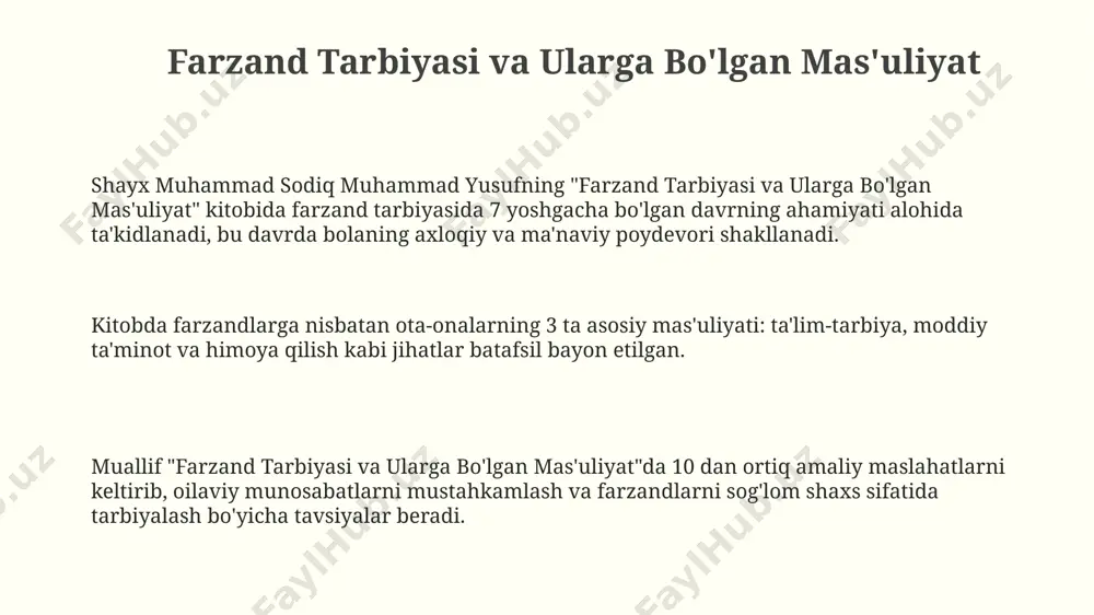 etilgan bo'lib, ular amaliy maslahatlar va qur'oniy dalillar bilan mustahkamlangan. xulosa va tavsiyalar tavsiyalar bo'limida oilaviy munosabatlarni mustahkamlashga qaratilgan 10 dan ortiq amaliy maslahatlar berilib, ularning har biri qur'on va sunnaga tayanib asoslanadi. kitob xulosasida keltirilgan statistik ma'lumotlarga ko'ra, oilaviy nizolar soni 25% ga kamayishi mumkinligini ko'rsatuvchi tadqiqot natijalari keltiriladi. xulosa qismida muallif 5 ta asosiy omilni baxtli oila qurishning kaliti sifatida ta'kidlab, har birining amaliy qo'llanilishini 3-4ta misol bilan tushuntiradi. baxtli oila kitobining umumiy tahlili baxtli oila mavzusida yozilgan kitobning tarkibida psixologik, diniy va ijtimoiy jihatlarning uyg'unligi kuzatilib, 10 ga yaqin bobdan iborat. kitobda oilaviy baxtning 5ta asosiy omili, ya'ni mehr-oqibat, hurmat, ishonch, muloqot va birgalikdagi maqsadlar tahlil qilinadi va har birining amaliy qo'llanilishi misollari keltiriladi. shayх muhammad sodiq muhammad yusufning ushbu asarida 30 dan ortiq hayotiy misollar va hadislar keltirilgan bo'lib, ular oilaviy munosabatlarni mustahkamlashga xizmat qiladi. turmush o'rtoqlararo munosabatlar kitobda 70 dan ortiq hadis va qur'on oyatlaridan …
