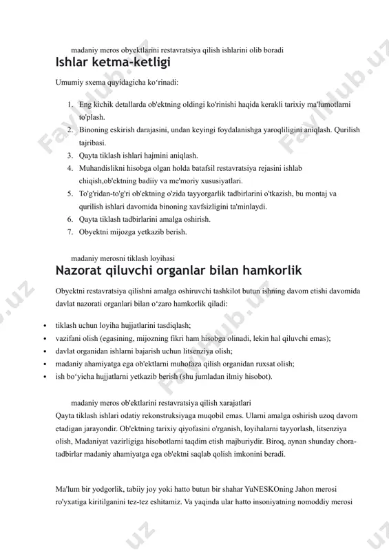 ash; · muhandislik inshootini tiklash: suv ta'minoti va kanalizatsiya, yoritish,isitish, elektr ta'minoti, konditsionerlik va ventilyatsiya. litsenziya olish uchun hujjatlar madaniy meros ob'ektlarini restavratsiya qilish uchun litsenziya berish uchun vositachiga quyidagi hujjatlar to'plamini taqdim etishingiz kerak: · tashkilot nizomining nusxasi; · davlat roʻyxatidan oʻtkazilganligi toʻgʻrisidagi guvohnoma (ogrn) nusxasi; · soliq roʻyxatidan oʻtkazilganligi toʻgʻrisidagi hujjat (stir) nusxasi; · ta'sis hujjatlariga kiritilgan barcha o'zgarishlar to'g'risidagi guvohnoma (grn); · yuridik shaxslarning yagona davlat reestridan koʻchirma nusxasi; · tashkilotni tashkil etish toʻgʻrisidagi bayonnomaning nusxasi; · firma rahbari lavozimini egallash haqidagi buyruq nusxasi; · davlat statistika qoʻmitasining tashkilotga statistika kodlari berilganligi toʻgʻrisidagi guvohnomasining nusxasi; · erkin shakldagi korporativ karta; · korxona rahbarining pasporti nusxasi; · tashkilot rahbarining ma'lumot to'g'risidagi hujjati nusxasi; · ishni bajaradigan xodimlarning ta'lim hujjatlarining nusxalari; · mavjud tashkilot litsenziyasi; · ofis uchun ijara shartnomasining nusxasi yoki uning egaligini tasdiqlovchi qogʻoz. madaniy meros obyektlarini restavratsiya qilish ishlarini olib boradi ishlar ketma-ketligi umumiy sxema quyidagicha …