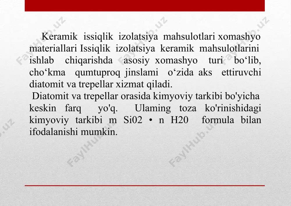00—700 kg/m3 bo'lgan yaxshi sifatli mahsulotlarni olish uchun quruq qorishmadagi qirindilar miqdori (og'irlik bo'yicha) 25 dan 35% gacha bo'lishi kerak. foydalanilgan adabiyotlar 1. большаков в.и., куличенко и.и, мартыненко в.а., бурейко с.в. сборник научных трудов международной конференции. выпуск 2. 2001. 2. китайцев в.а. технология теплоизоляционных материалов. — москва, изд-во литературы по строительству, 1970. 3. нехорошее а.в., цителаури г.и., хлебионен е., жадамба ц. ресурсосберегающие технологии керамики, силикатов и бетонов. 1991. 4. alimov х.а., ikromov o.r. pardozlash va issiqlik izolatsiya materiallari»ni ishlab chiqarish asoslari fanidan bosqich ishini ba- jarishga doir uslubiy ko‘rsatmalar. — т., 1993. 5. 0 ‘zrst 30256-94. «silindr zond bilan issiqlik o’tkazuv- chanlikni aniqlash usuli». image2.png