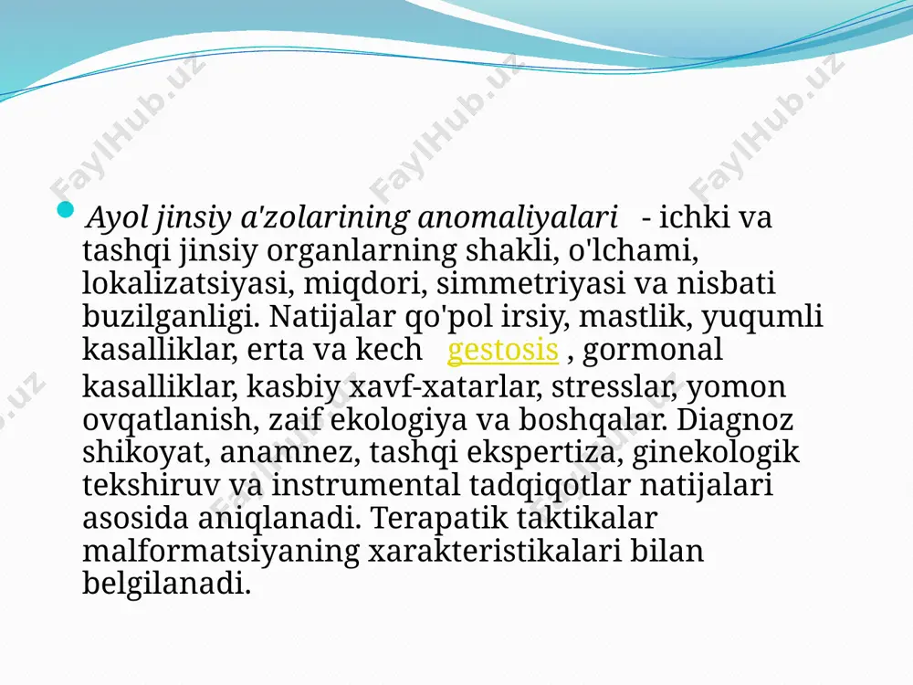 tozalanishi: to'liq sintez yoki kam rivojlanish - atreziya, torayish - stenoz. kattalashtirish: pasayish - gipoplazi, o'sish - giperplaziya. barcha organlar yoki ularning qismlarining ko'payishiga ko'payish deyiladi. odatda ikki barobar ko'p. jinsiy organlarning ajralmas anatomik tuzilishini tashkil etuvchi jinsiy a'zolarining anomaliyalari termoyadroviy deb ataladi. vujudning g'ayrioddiy lokalizatsiyasi bilan ektopik nutq so'zlaydi. zo'ravonlik bo'yicha, uch xil jinsiy genital anomaliyalar farqlanadi. birinchisi, jinsiy organlarning funktsiyasiga ta'sir qilmaydigan o'pka. ikkinchidan, moylangan zo'ravonlik, reproduktiv tizimning funktsiyalariga sezilarli ta'sir ko'rsatadi, lekin bola tug'ilishidan tashvishlanmaydi. uchinchisi - og'ir , shafqatsiz va shafqatsizligi bilan birga. ayol jinsiy anomaliyalarining sabablari ushbu patologiya ichki va tashqi teratogenik ta'siri ostida yuzaga keladi omillar. ichki omillar orasida onaning tanasining genetik kasalliklari va patologik holatlari mavjud. bunday omillar orasida noma'lum etiologiyaning mutatsiyaga uchragan va irsiy qahramonliklari ham mavjud. bemorning yaqin qarindoshlari malformatsiyalar, bepushtlik, ko'p miqdorda o'lim va yuqori o'lim ko'rsatkichlari bo'lishi mumkin. ayol jinsiy organlarining anomaliyalariga olib keladigan ichki omillarning ro'yxati ham somatik …