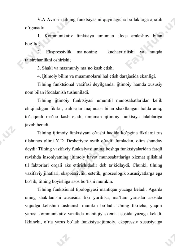 kengayib boradi. masalan, g’arbiy yevropada ingliz, nemis, frantsuz tillari va boshqalar. 2. hududiy til-bu til yoki uning shunday jonli shaklda bo’lishi boshqa tillarga xos emas, shu mamlakat xalqlari tiliga xosdir. hududiy tilda, umumxalq tili doirasida so’zlar adabiy til uchun taalluqli bo’lsa-da, etnik guruhlar tili bundan mustasno. 3. o’zbek tili-bu til bir mamlakatda yashovchi bir necha millat uchun xizmat qiladi, unda shahardagi oddiy so’zlashuv tili, hududiy dialektlar, o’zbek tilining asosiy xususiyatlariga uning og’zaki va yozma shakliga ta‘sir etib boradi. 4. professional til-bu til sotsial dialektlar, professional til (leksik xususiyatlari), uning asosiy maqsadi etnik guruh tillari doirasidagi nutqqa asoslanishdir. masalan, o’zbekistonda etikdo’z, chilangar, misgar, kulolchilik bilan qadimdan shug’ullanib kelganlar nutqi bunga yaqqol misoldir. 5. diniy tillar-bu til din va shariatga daxldor bo’lib, ularning nutq xususiyatlari asosida yuzaga keladi. o’zbek tilini tasnif etganda tilning funktsional xarakterini quyidagicha tasnif qilish mumkin: o’zbek tili xususiyati va dialektlari. hududiy til, professional til, argo, jargon va koyne. …